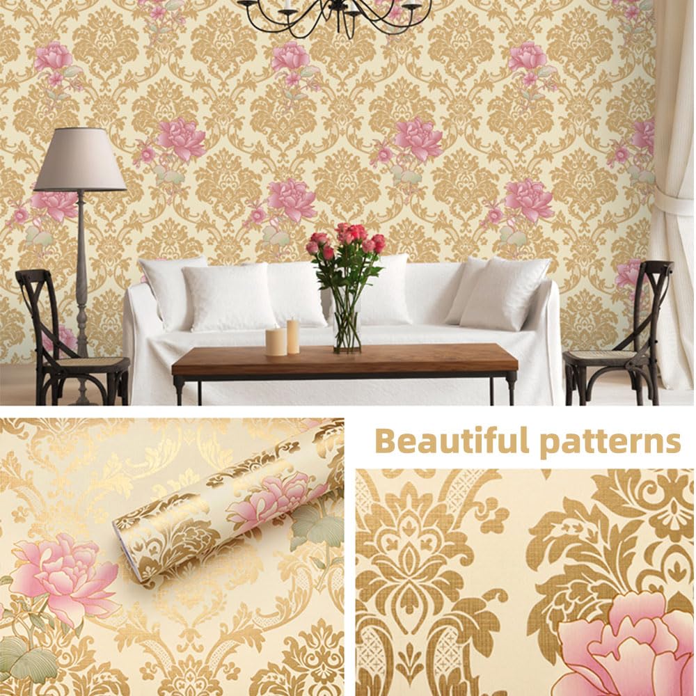 ZAMNEA Self-Adhesive Shelf Liners - Removable Drawer & Wall Stickers for Kitchen, Bathroom, Dresser - Floral Decor (Gold Pink Flowers, 17.8