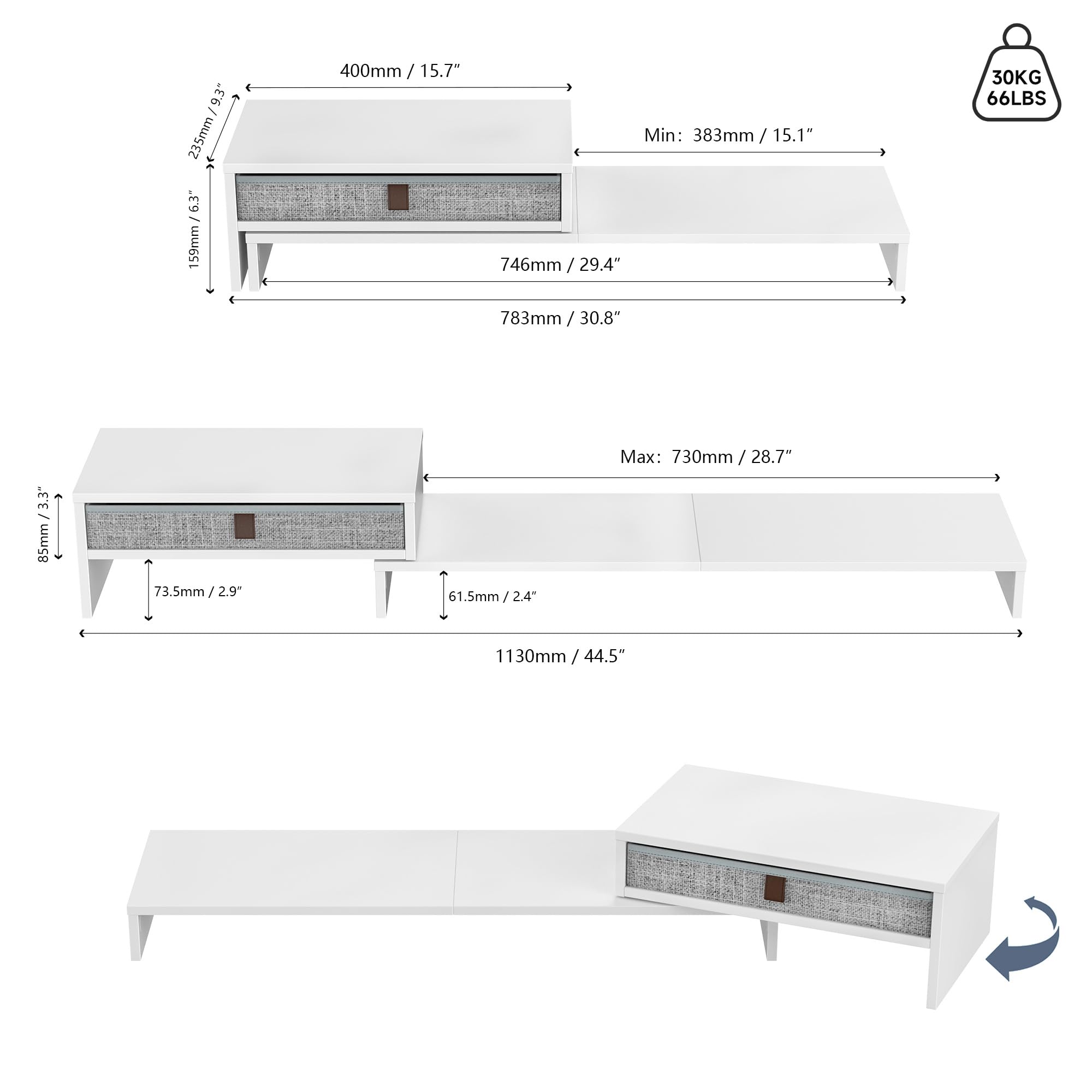 FENGE Dual Monitor Stand Riser with Storage Drawer - Adjustable 3-Tier Laptop & Screen Stand for Office, White | Perfect for Workspace Organization, Printer Shelf & Multi-Monitor Setup