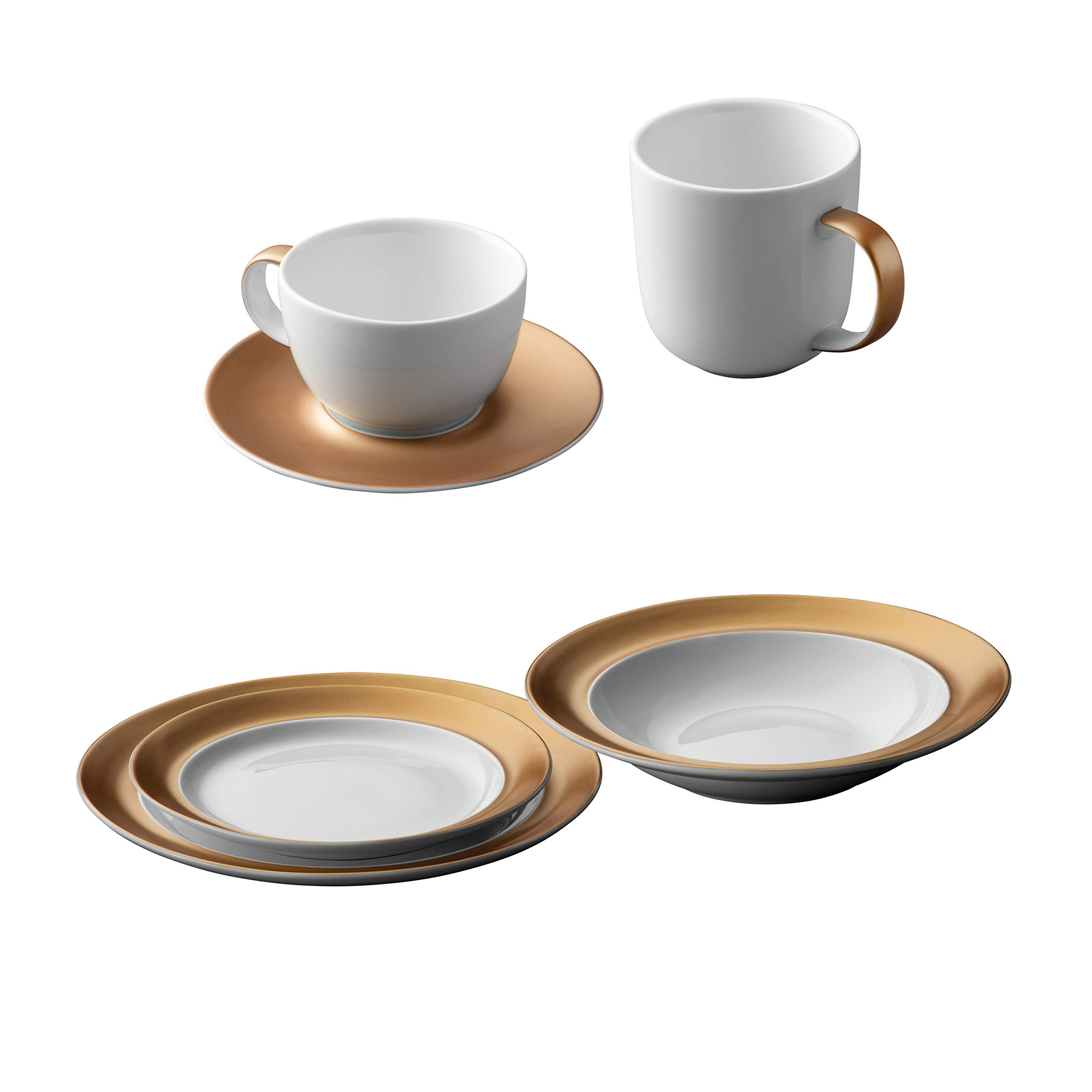 BergHOFF GEM 6-Piece Porcelain Dinnerware Set - Deep Plate, Small Plate, Coffee Mug & Saucer - Elegant White & Gold Glossy Finish - Dishwasher Safe - Perfect for Daily Use, Dinner Parties & Tea Time