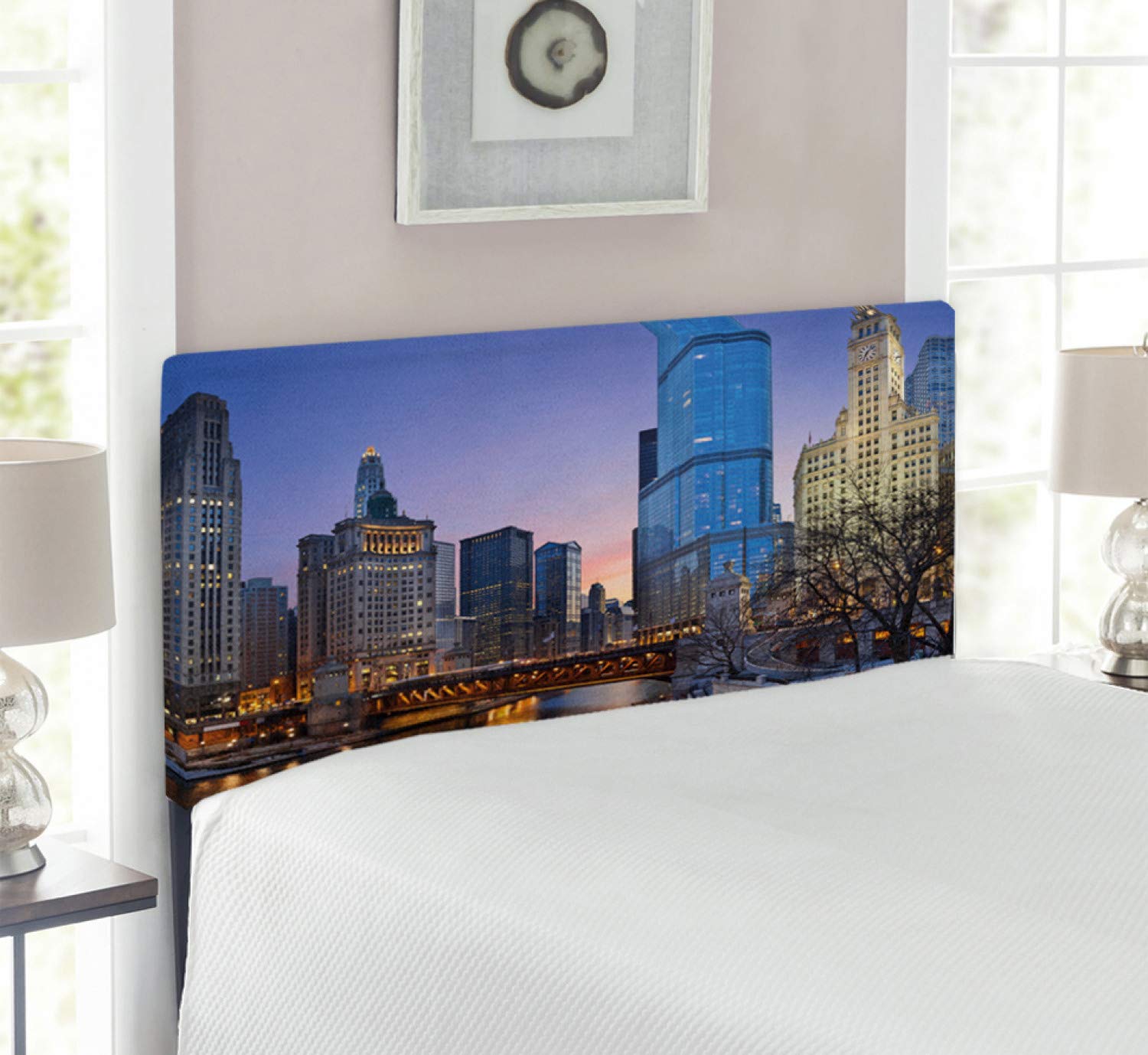 Ambesonne Landscape Headboard - Chicago Cityscape with Rivers, Bridge & Skyscrapers - Upholstered Decorative Metal Bed Headboard with Memory Foam - Twin Size, Multicolor - Perfect for Modern Bedrooms & Urban Decor