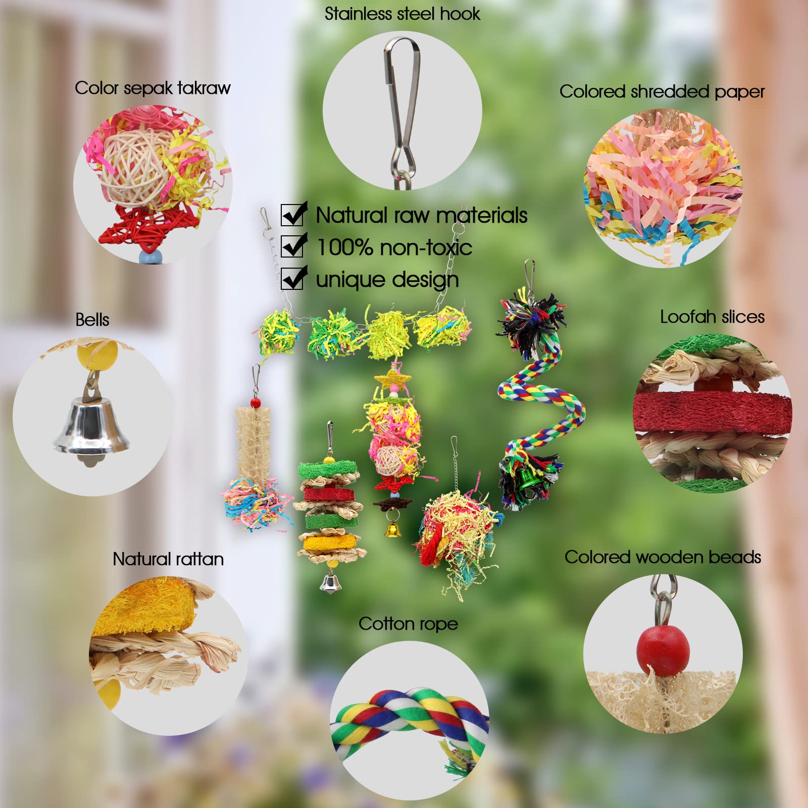 ZOCONE 6 Pcs Bird Foraging Chewing Toys - Parrot Cage Shredder & Loofah Hanging Toys for Cockatiels, Budgies, Lovebirds - Safe Cotton Rope Climbing Toy for Small/Medium Parrots & Finches - Perfect for Cage Enrichment & Mental Stimulation