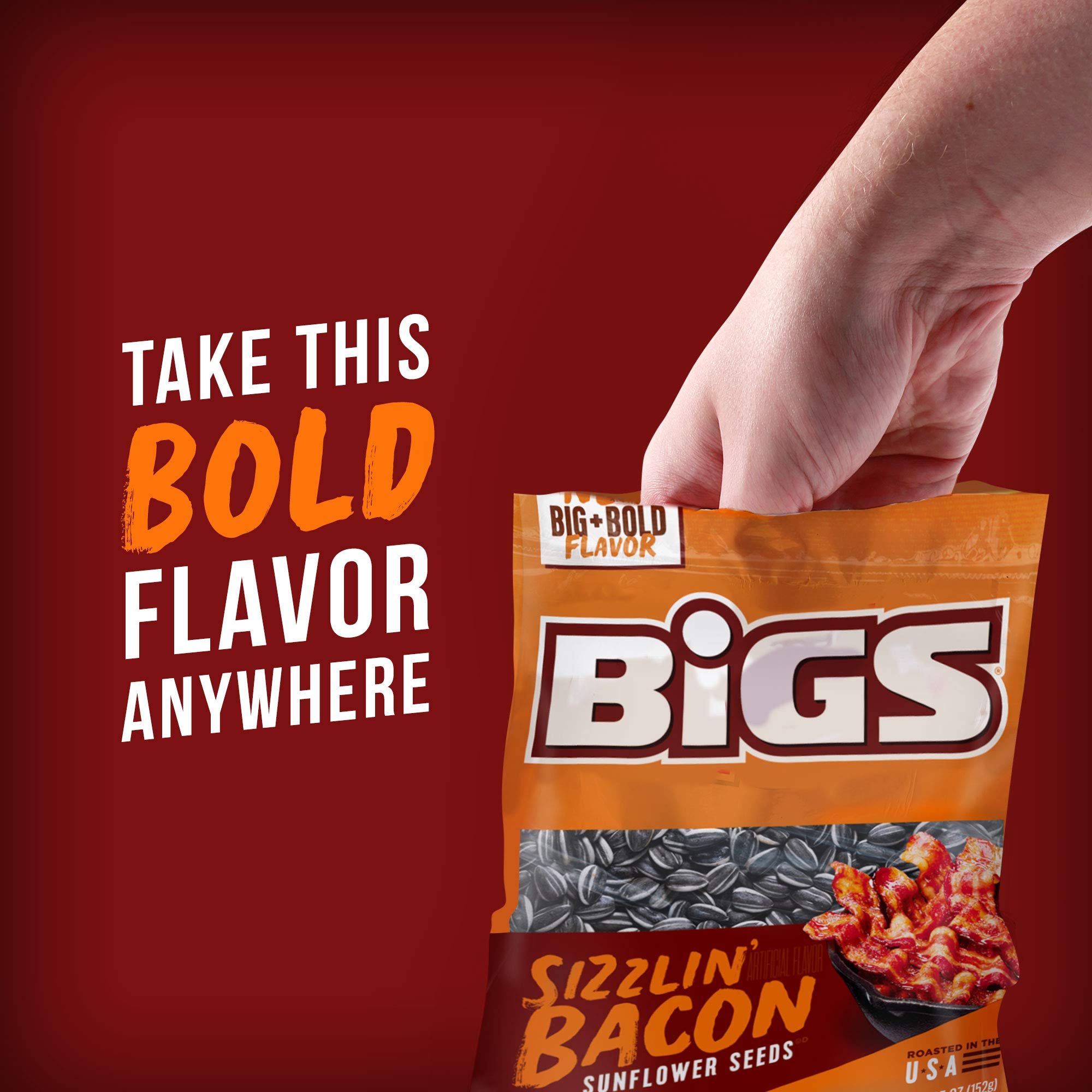 BIGS Sizzlin' Bacon Flavored Sunflower Seeds - Keto Friendly, Low Carb Snack - 5.35oz Bags (Pack of 12) - Perfect for Road Trips, Game Day & Healthy On-the-Go Snacking
