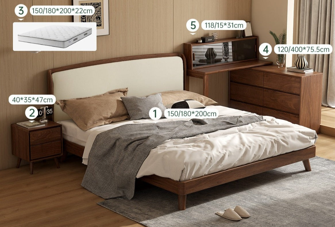 Premium Black Walnut Solid Wood Leather Bed Frame - Luxury Bedroom Furniture Set for Master Bedroom & Guest Room Decor