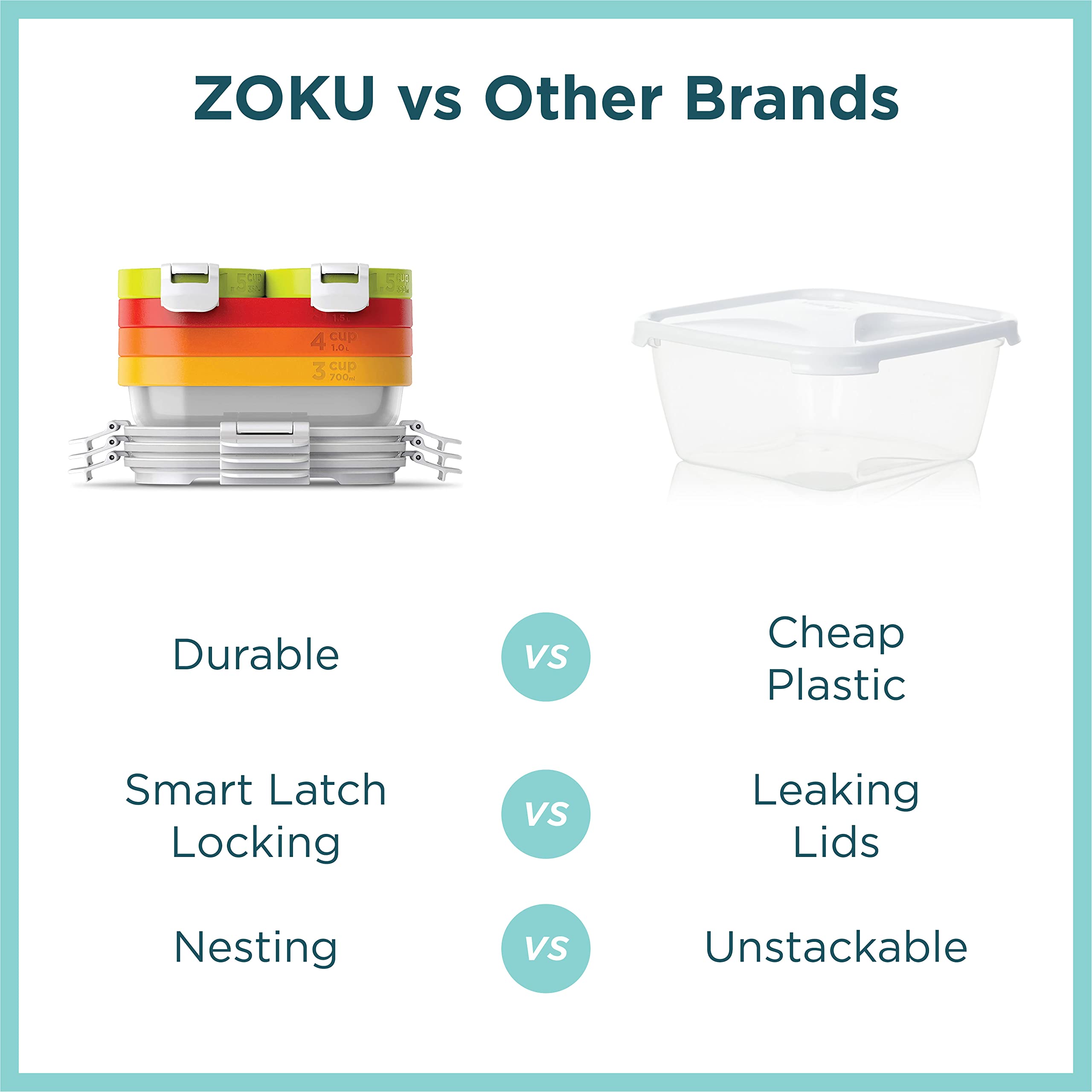ZOKU 1.5-Cup Airtight Food Storage Containers with Lids - Set of 2 BPA-Free Reusable Snack Containers for Kitchen, Meal Prep & On-the-Go (Neat Stack, 4-Piece) - Perfect for Leftovers, Lunches & Office Snacks