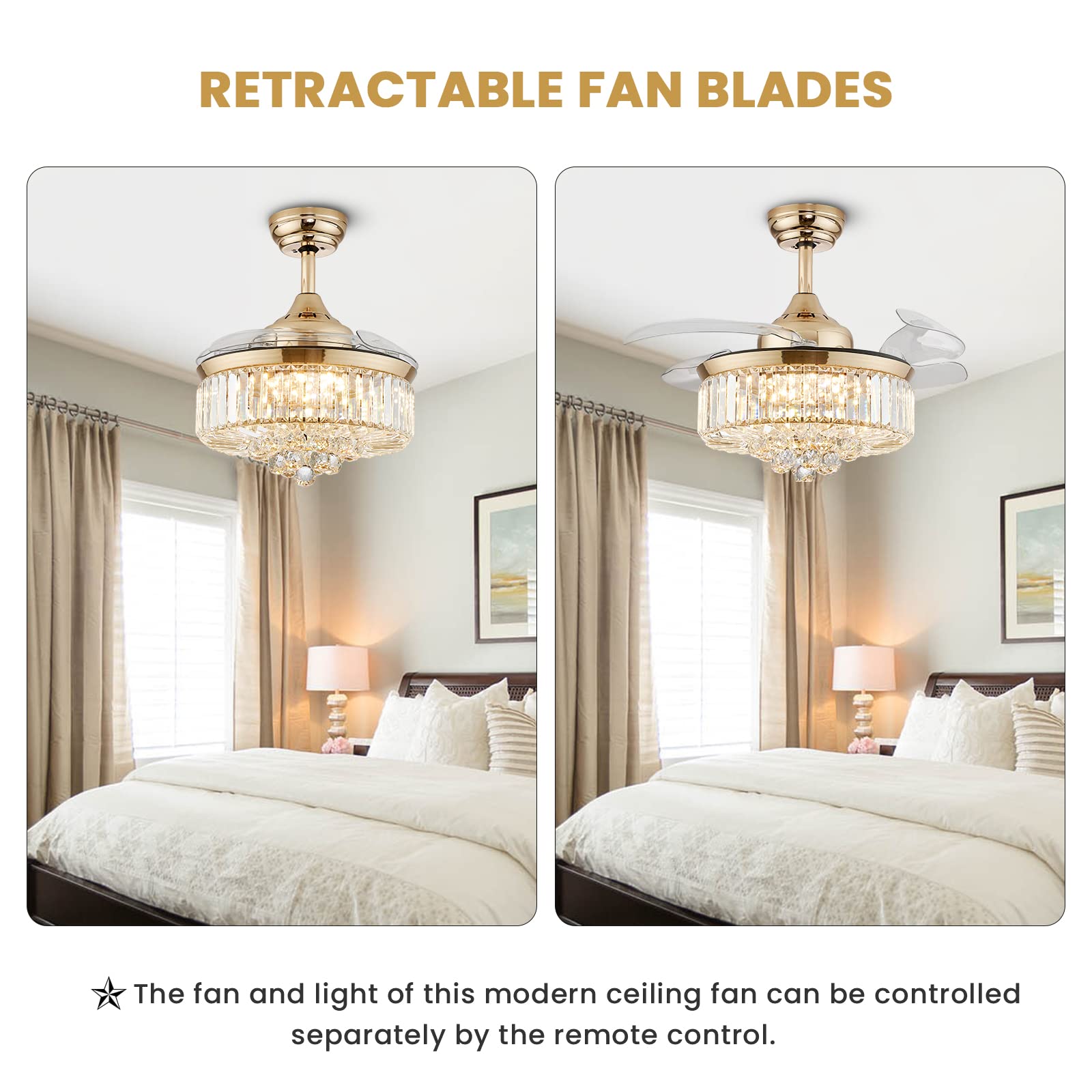 Modern Crystal Ceiling Fan with LED Light - 36