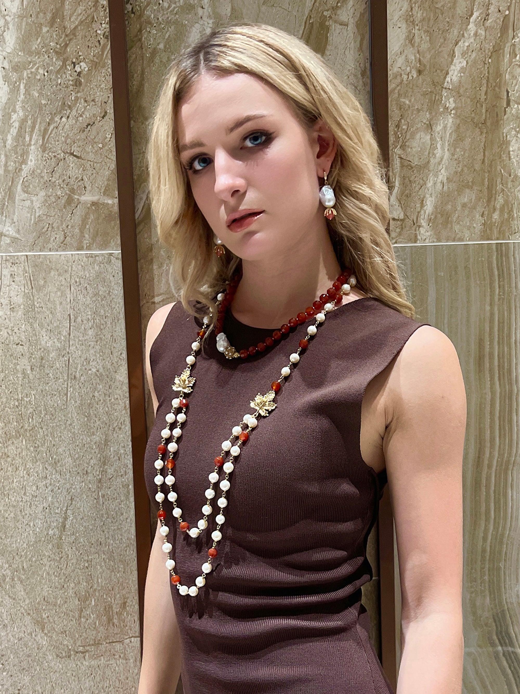Baroque Pearl & Watermelon Quartz Elegant Drop Earrings HE020 - Perfect for Weddings, Parties & Special Occasions