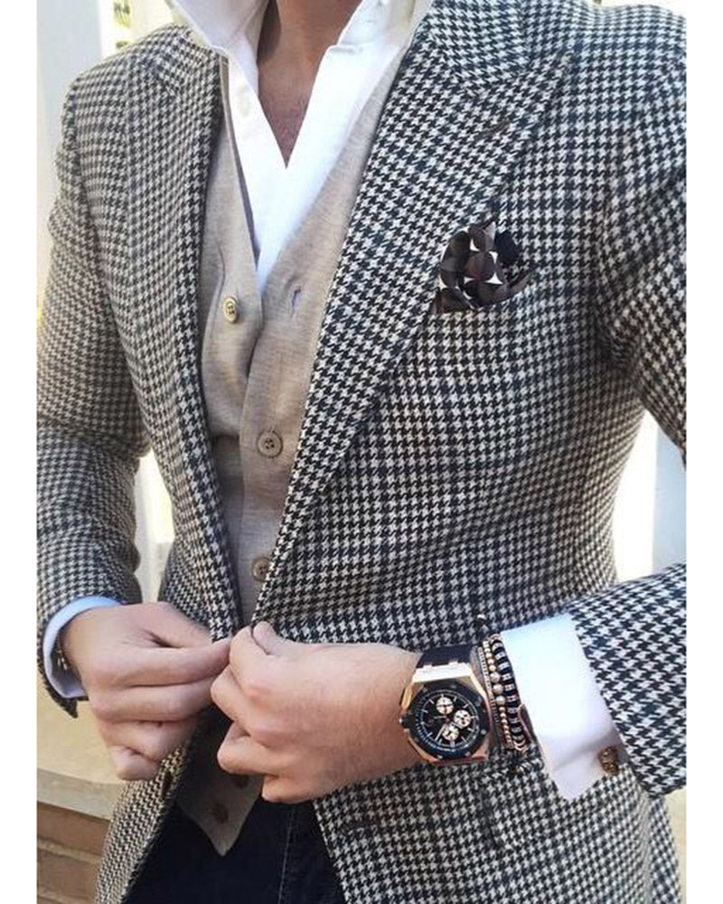 Custom Made Houndstooth Checkered Suit for Men - 2 Piece Set (Jacket + Black Pants) | Formal Business Attire, Wedding, Office & Special Occasions | PL2149