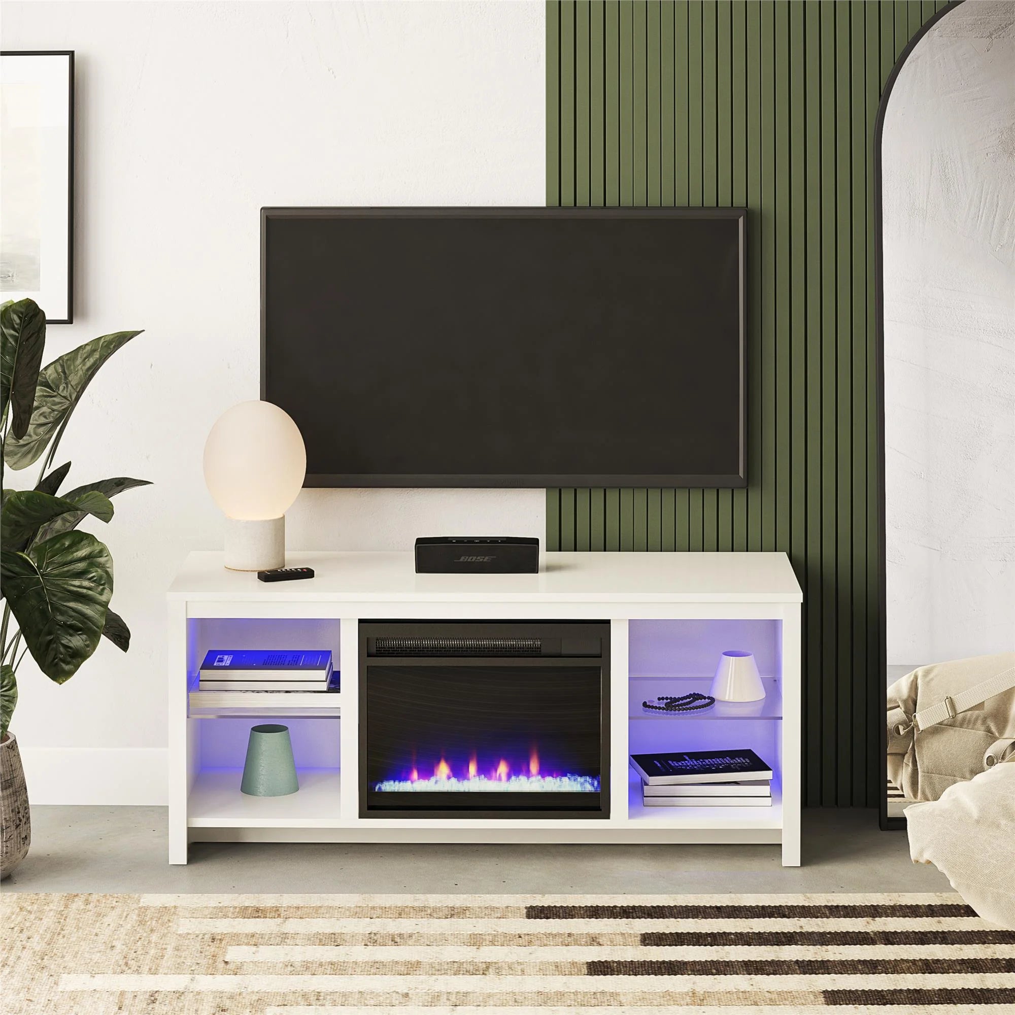 Ameriwood Home 2164196WCOM 55-Inch LED Fireplace TV Stand with Crystal Insert, High Gloss White - Perfect for Living Room, Bedroom & Home Theater Entertainment Setup