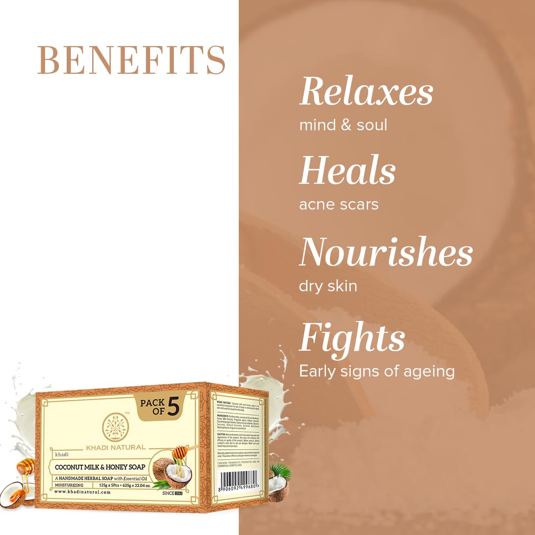 Khadi Natural Herbal Coconut Milk & Honey Soap for Glowing Skin - Long Lasting Hydration, All Skin Types - 5x125g (Pack of 5) | Perfect for Daily Skincare Routine, Spa Day & Gift Sets