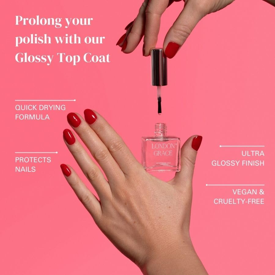 London Grace Glossy Top Coat - Vegan, Cruelty-Free & Non-Toxic Nail Polish | Long-Lasting Chip Resistant Clear Coat with Polymer Formula | Perfect for Manicures, Pedicures & Nail Art | Eco-Friendly & Safe for Daily Use