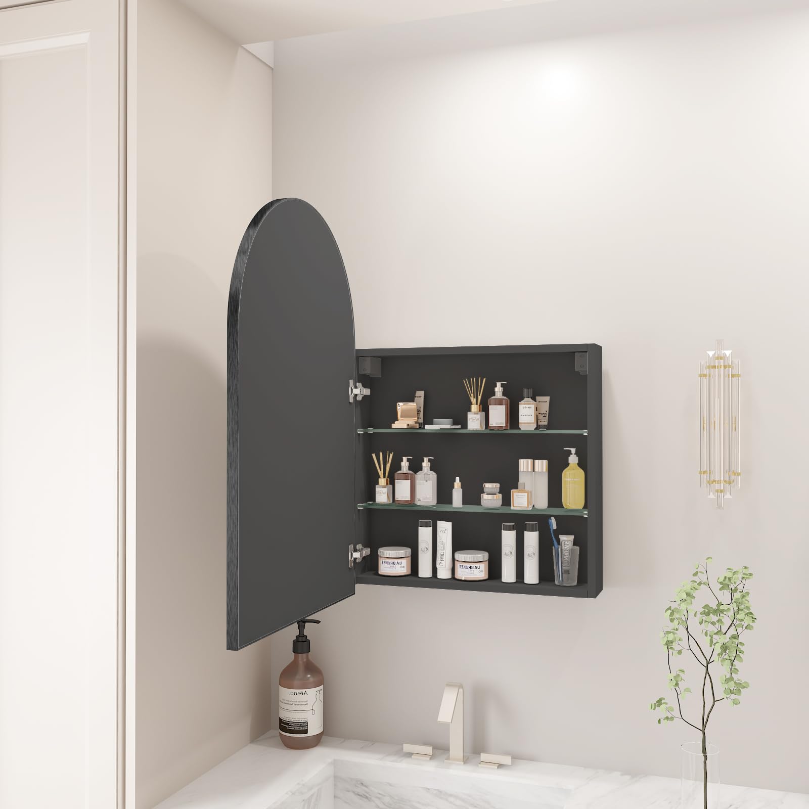 FKWin Arched Medicine Cabinet with Mirror - 20x30 Inch Bathroom Storage Mirror, Aluminum Alloy Vanity Mirror with 3 Adjustable Shelves, Surface Mounted (Not Recessed) Black - Perfect for Small Bathrooms, Powder Rooms & Apartment Living