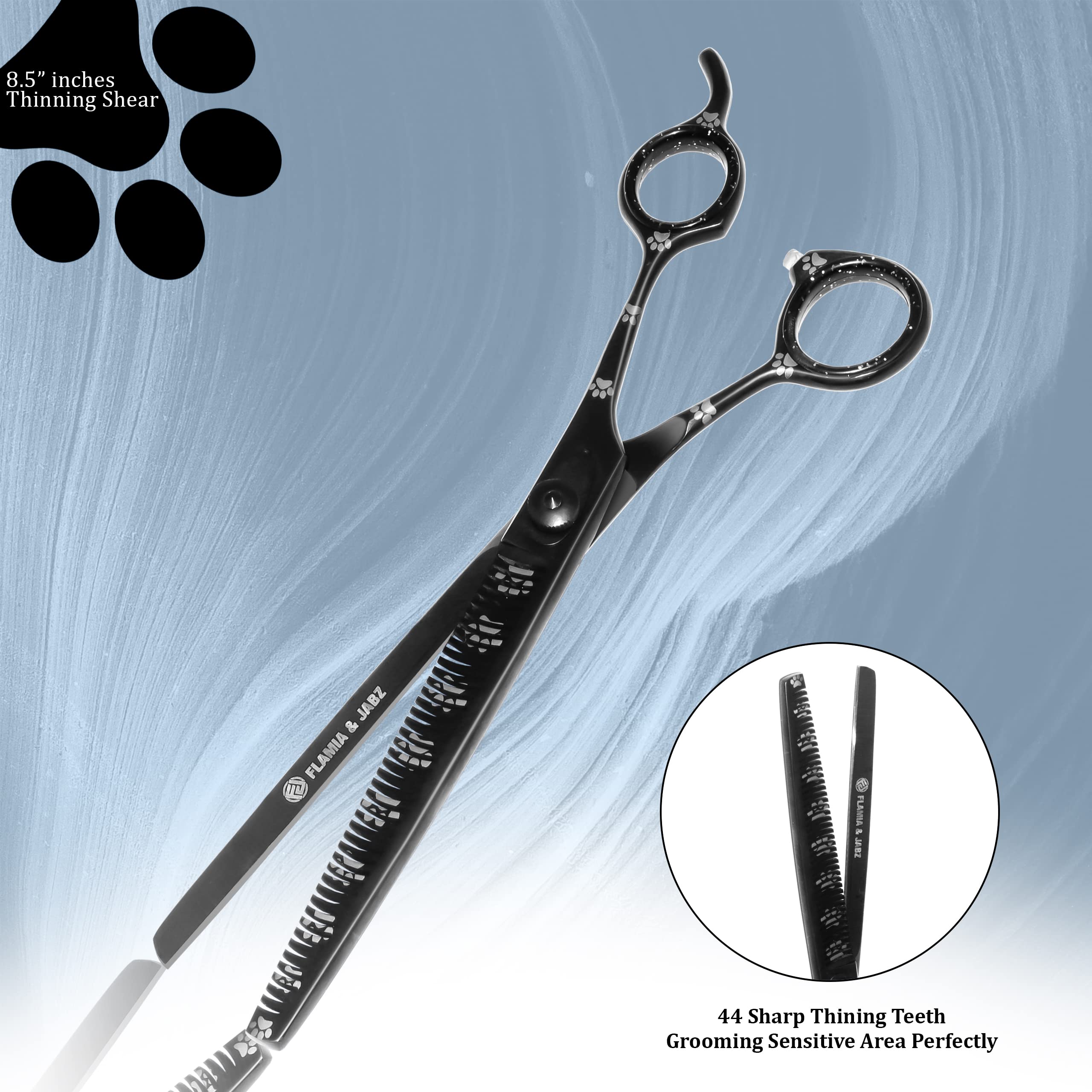 Premium Dog Grooming Scissors Set - 8 Inch Stainless Steel Straight, Curved, Thinning & Chunker Shears with Paw Prints for Professional Pet Grooming | Right-Handed Black Shears for Dogs, Cats & Small Animals | Perfect for Home Grooming & Professional Pet Salons