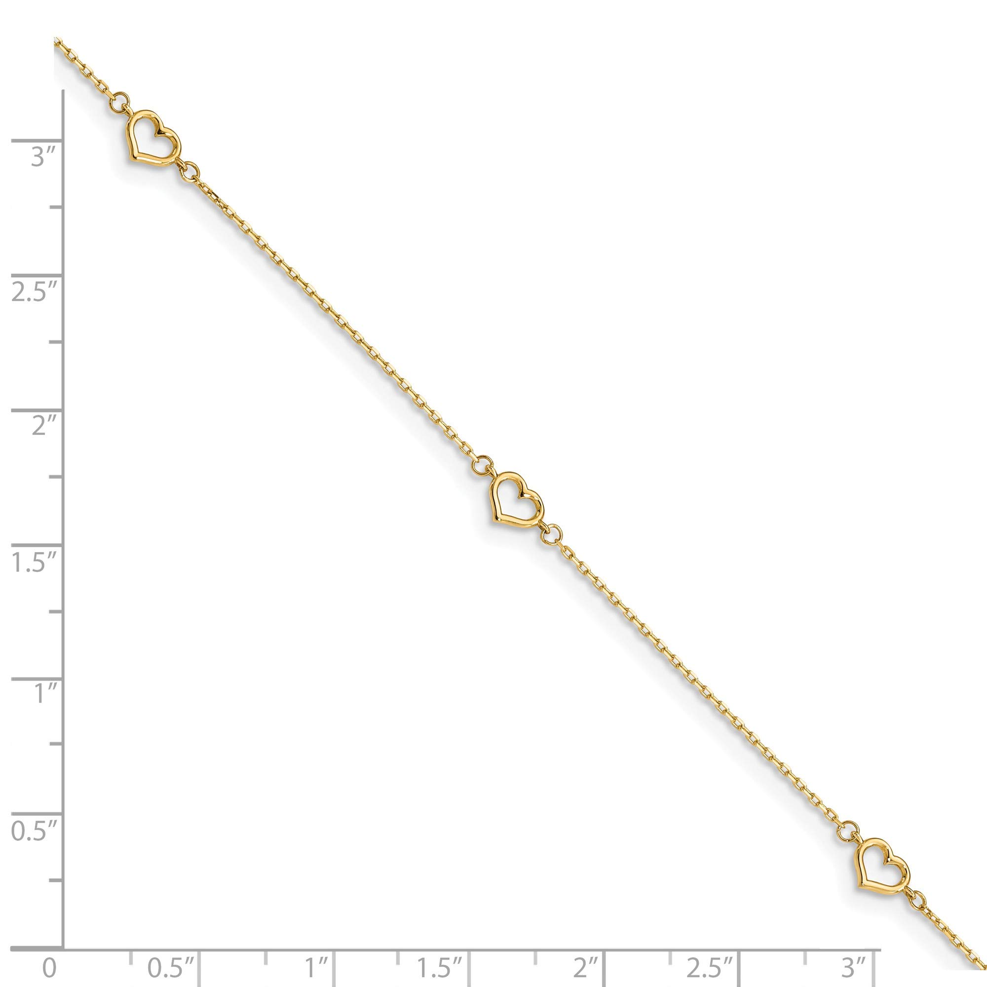 14K Yellow Gold Heart Anklet with 1-Inch Extension Chain - 11 Inch Adjustable Length - Perfect for Beach, Summer & Casual Wear