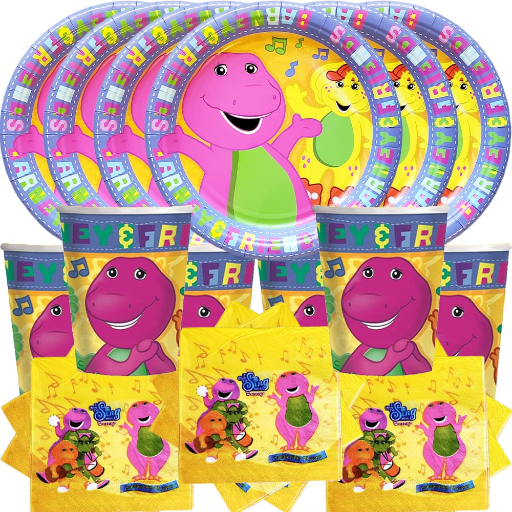 Barney Themed 22-Piece Party Supplies Set - 6 Cake Plates, 6 Kids Cups & 10 Napkins for Birthday Decorations | Fun Celebration Favors, Gift Centerpiece & Theme Ideas for Kids' Parties