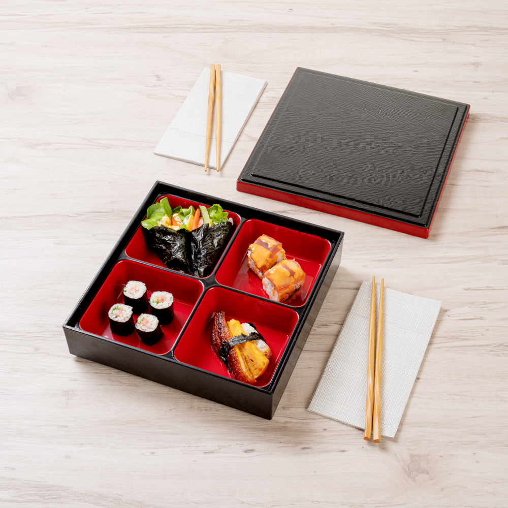 Premium Japanese Style Bento Box - 4 Compartment Square Lunch Box (10x10x2.25 Inches) - Black & Red Color - Perfect for Office, School & Picnic Meals