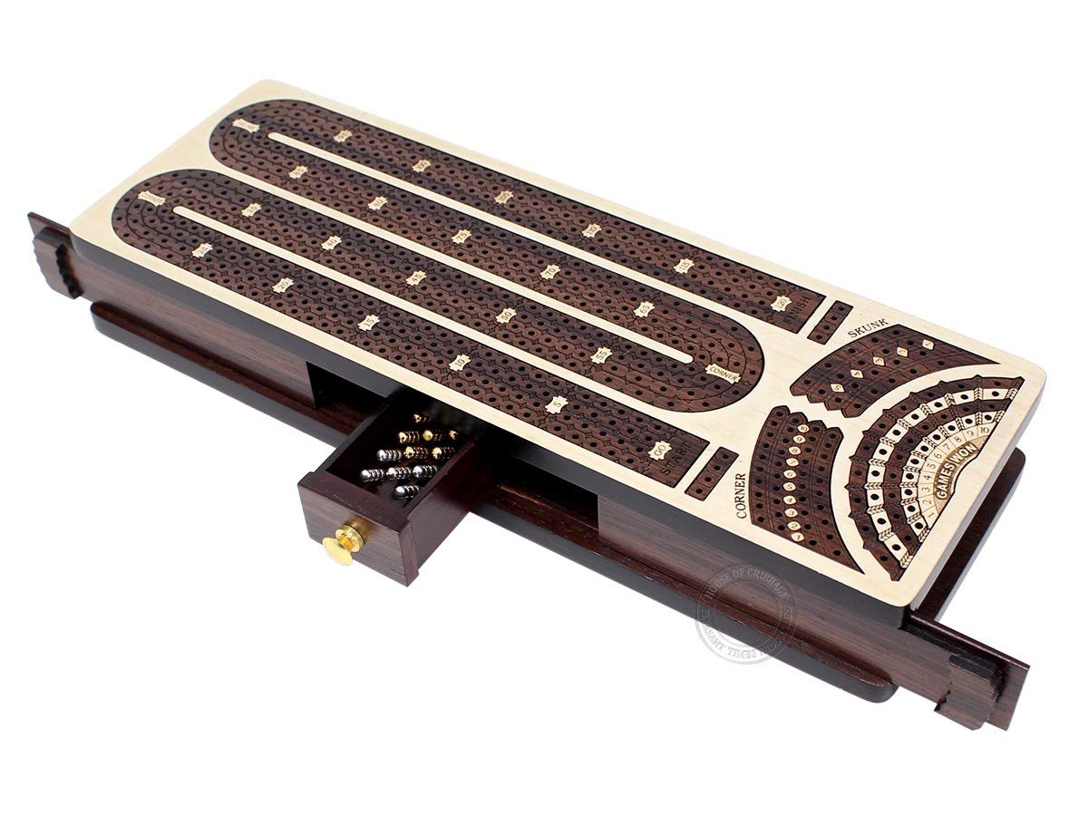 Premium Continuous Cribbage Board with 4 Tracks - Maple & Rosewood Inlaid Box with Sliding Lids, Drawer & Score Marking Fields for Skunks, Corners & Won Games | Perfect for Family Game Nights, Travel & Competitive Cribbage Play