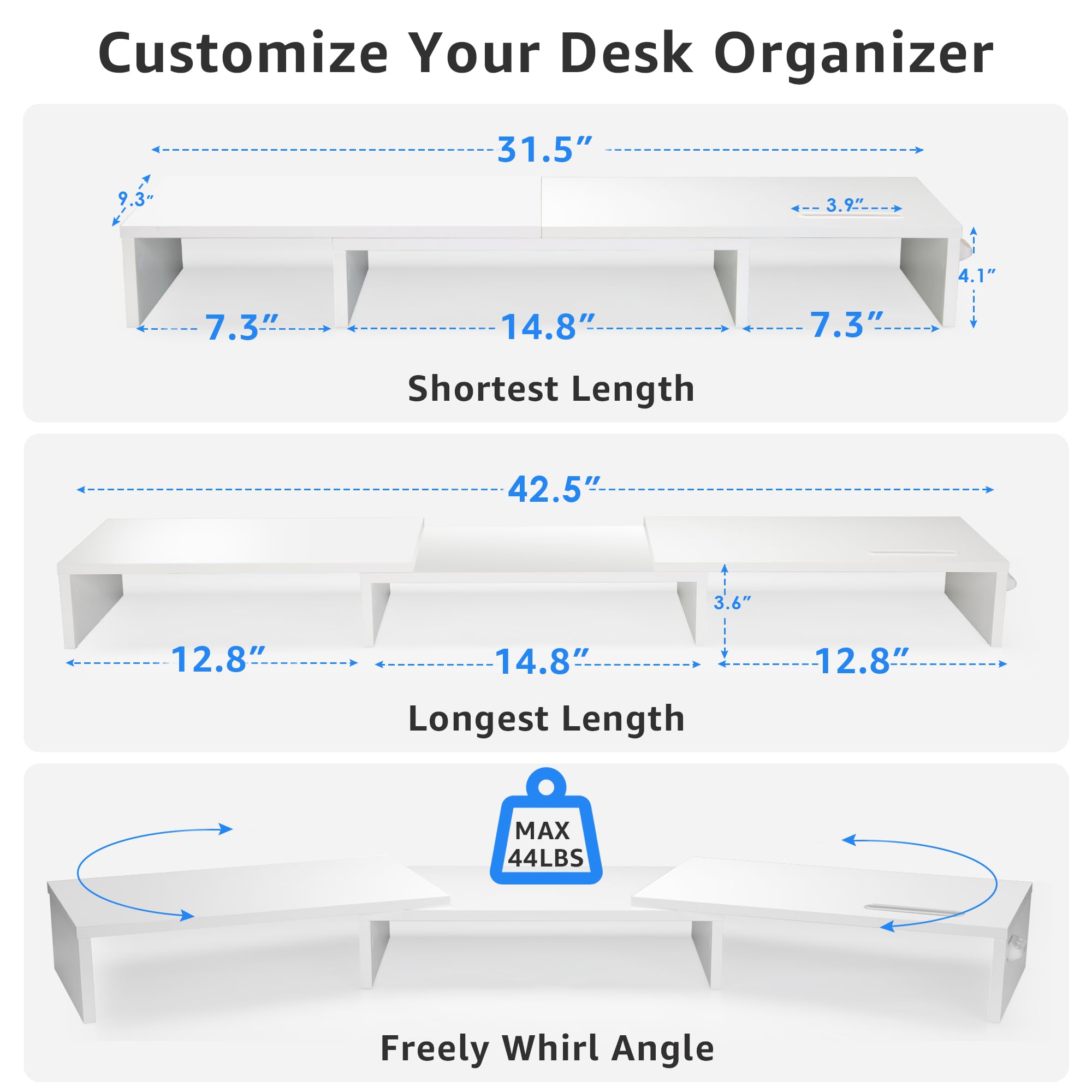Jaco Dual Monitor Stand Riser for 2 Screens - Adjustable Wooden Desktop Organizer with Smartphone Holder - Perfect for Home Office, Gaming Setup & Workspace Organization (White)