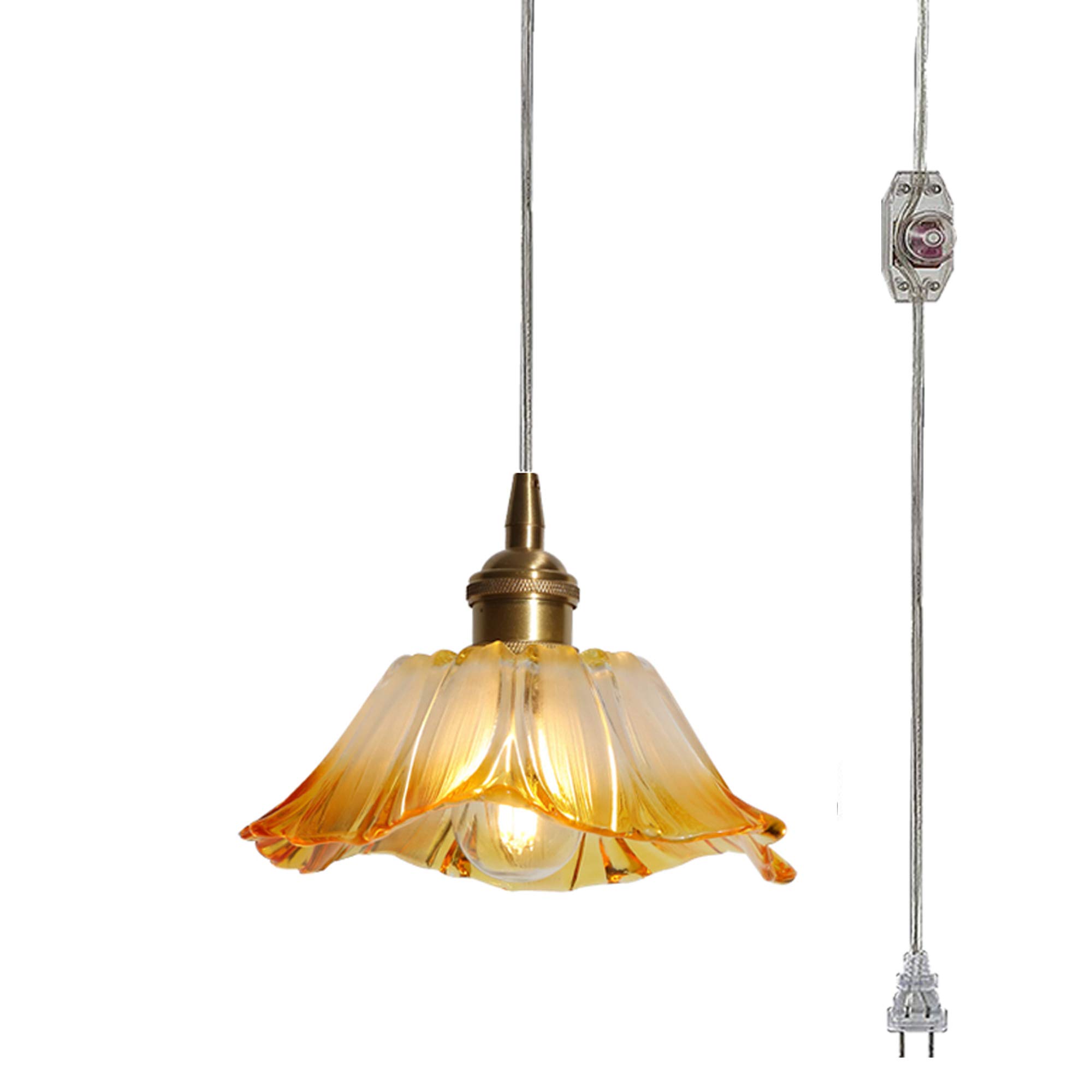 Lotus Shaped Yellow Glass Plug-in Pendant Light with 15ft Dimmer Cord & Copper Holder - E26 Ceiling Chandelier for Bedroom, Living Room, Dining Room - Perfect for Ambient Wall Lighting (Bulbs Not Included)