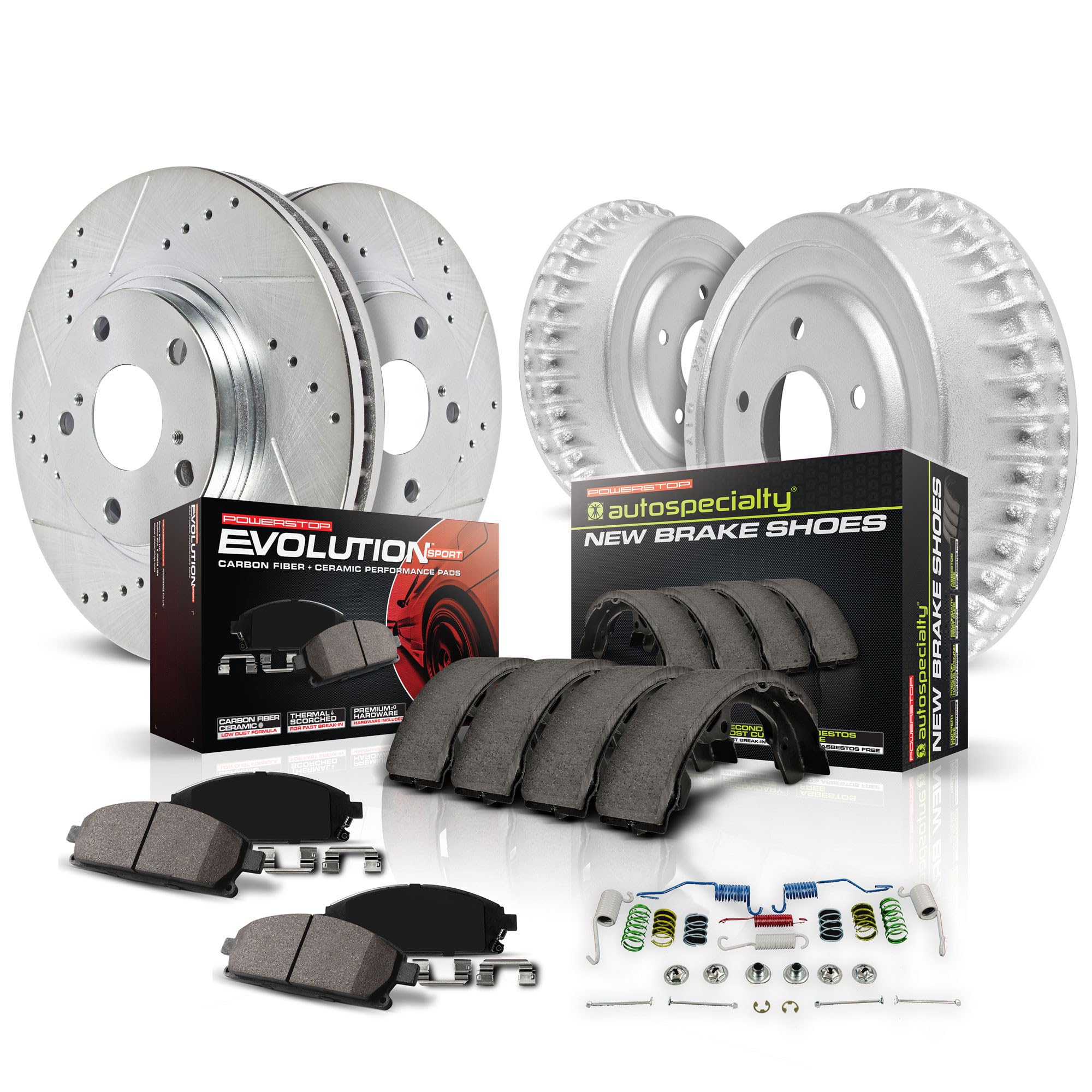 Power Stop K15073DK Z23 Carbon Fiber Brake Pads & Drilled Slotted Brake Drums Kit - Front & Rear Brake Upgrade for Trucks, SUVs, and Performance Cars | Enhanced Stopping Power for Highway, Off-Road & Towing