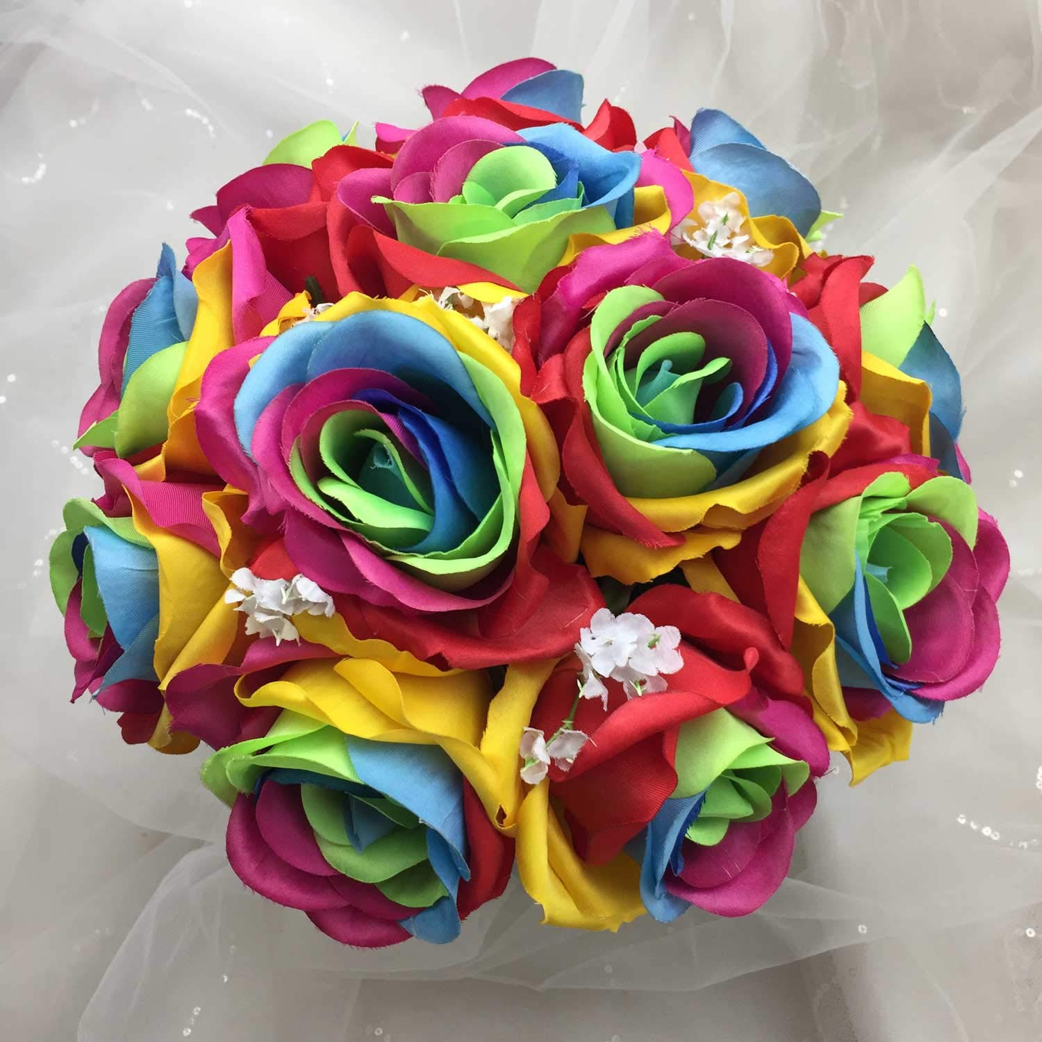 Silk Rainbow Rose Flowers Bouquet Boutonniere - Artificial Wedding Bouquet for Bridal Party, Centerpieces, Home Decor & Special Events