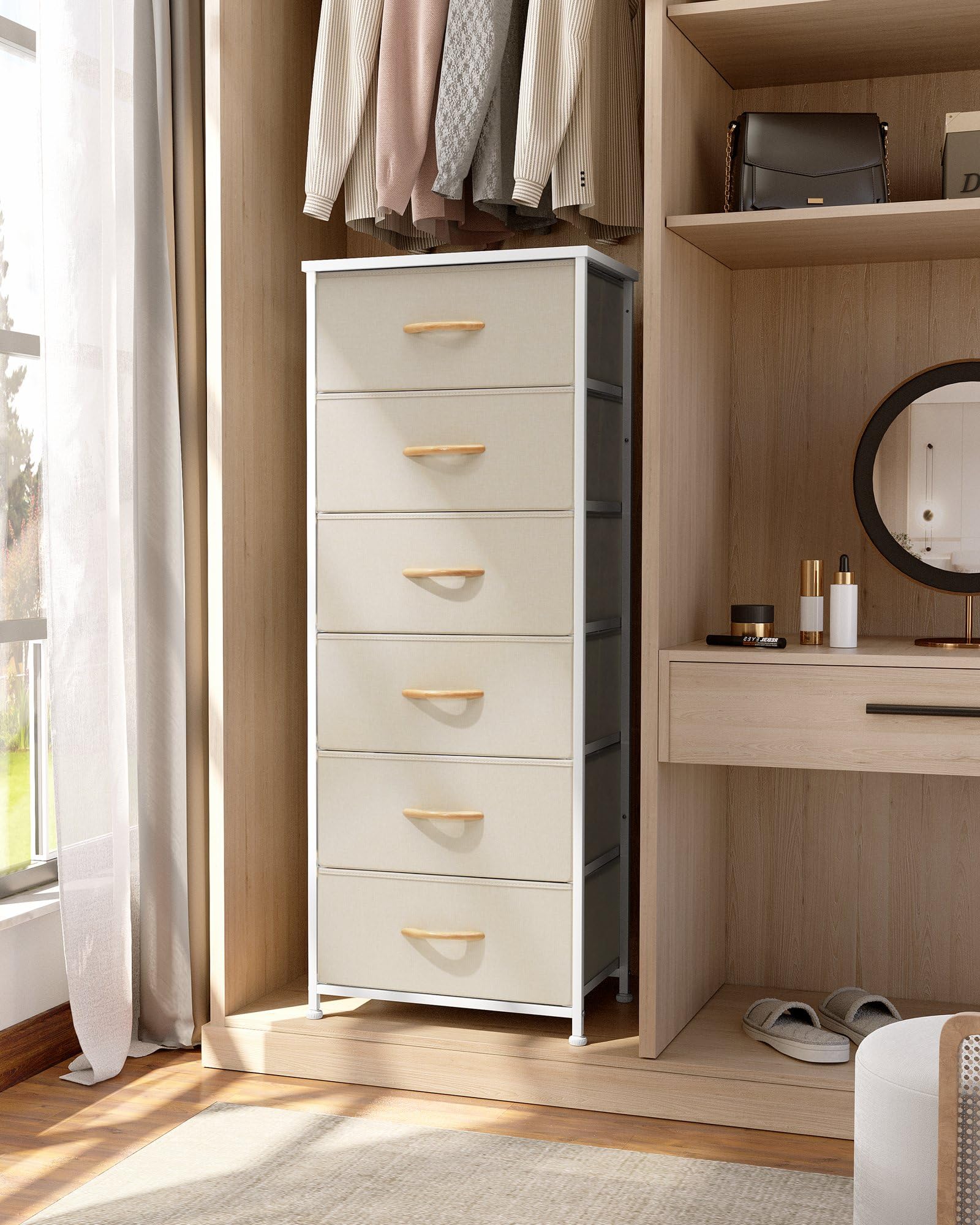 Crestlive 6-Drawer Tall Dresser for Closet - Vertical Storage Tower with Sturdy Steel Frame & Wood Top | Easy Pull Fabric Bin Handles | Bedroom, Hallway & Entryway Organizer | Perfect for Small Spaces & Apartment Living (Beige)