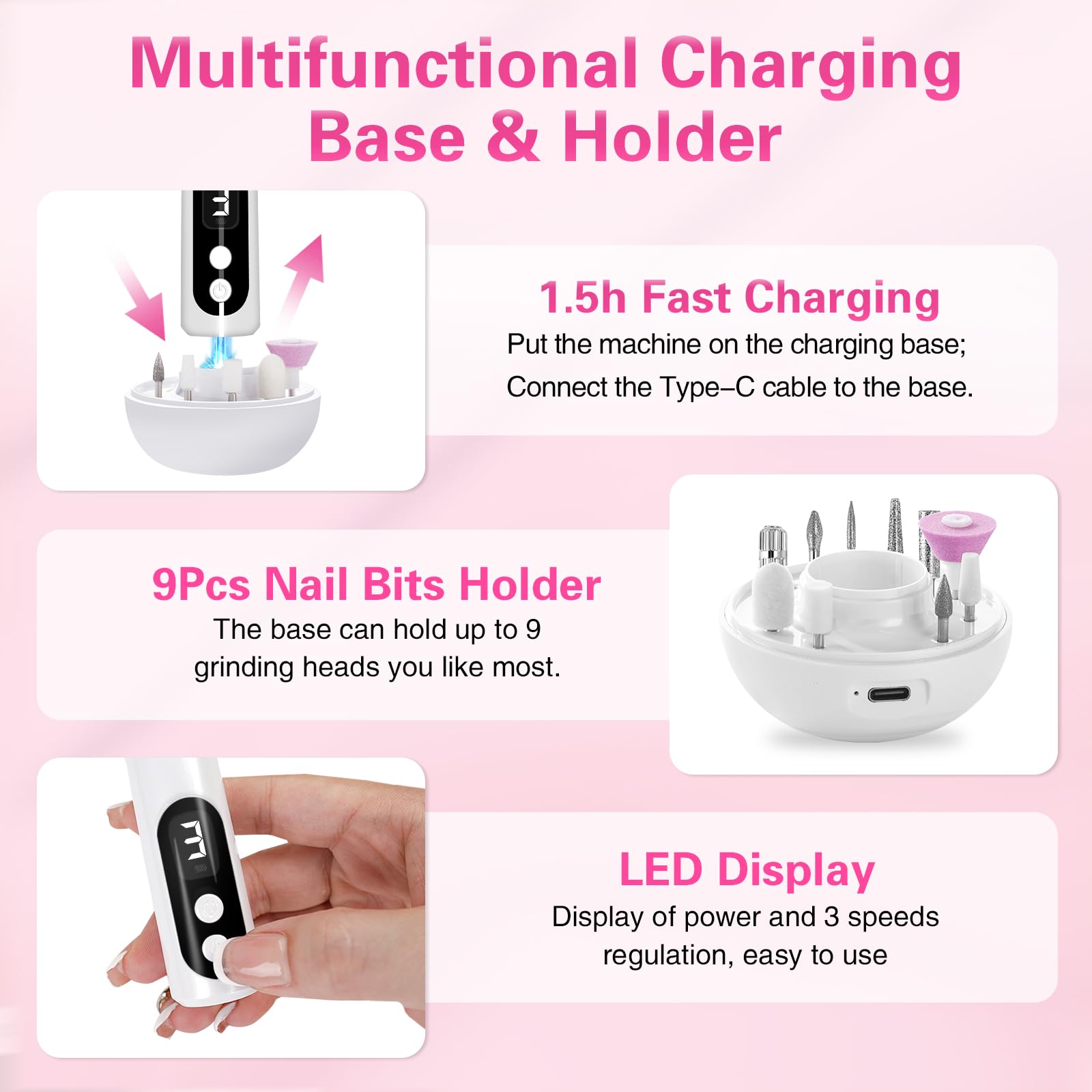 Professional Cordless Electric Nail Drill Kit - 13-in-1 Rechargeable Nail File Machine for Acrylic Nails, Manicure & Pedicure Care | Portable Nail Grinder for Women & Men | Perfect for Home Salon & Professional Nail Art