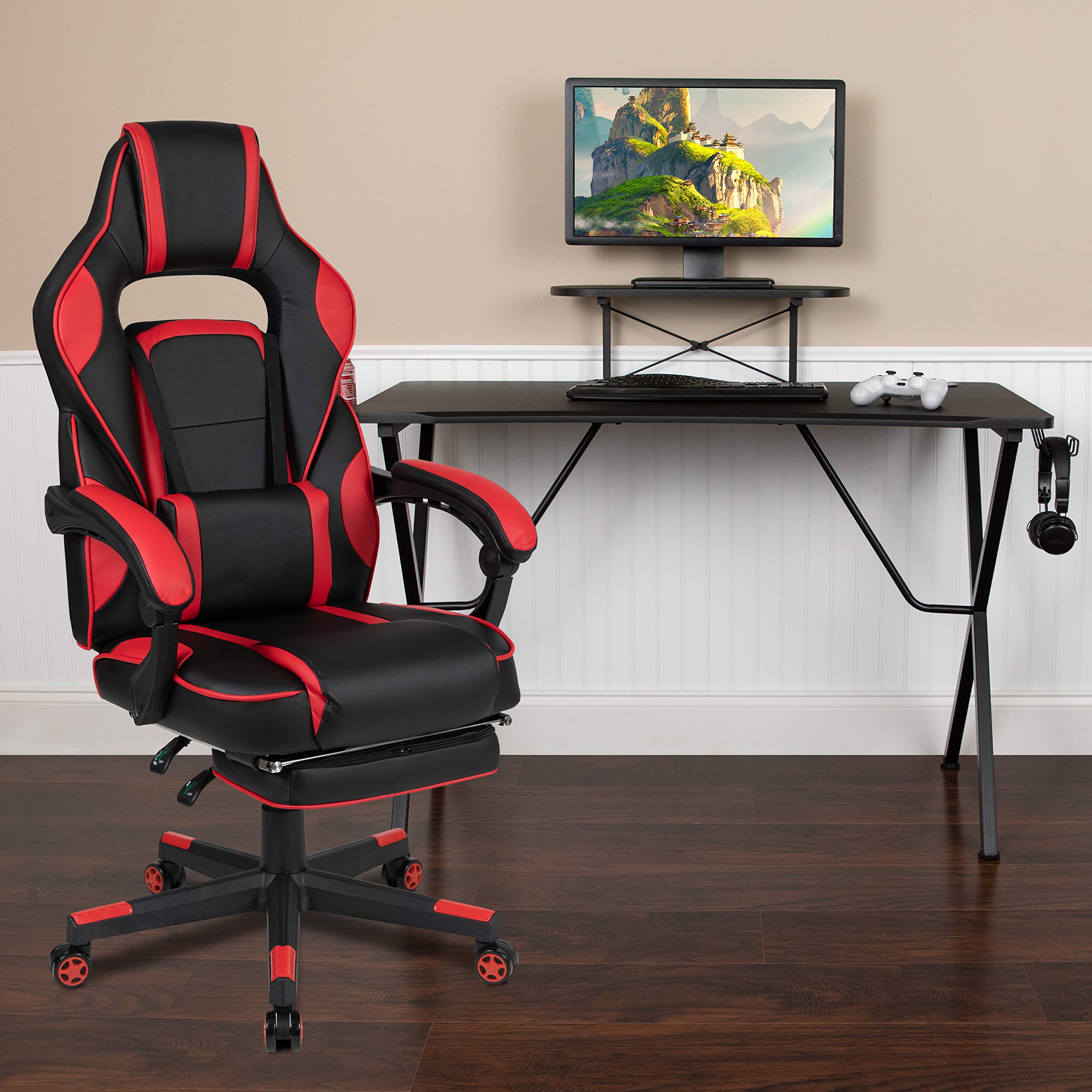 EMMA + OLIVER Gaming Chair Bundle with Cup Holder, Headphone Stand Desk & Red Reclining Footrest - Ergonomic Gaming Setup for PC, Console & Streaming - Perfect for Gamers, Home Office & Entertainment Rooms