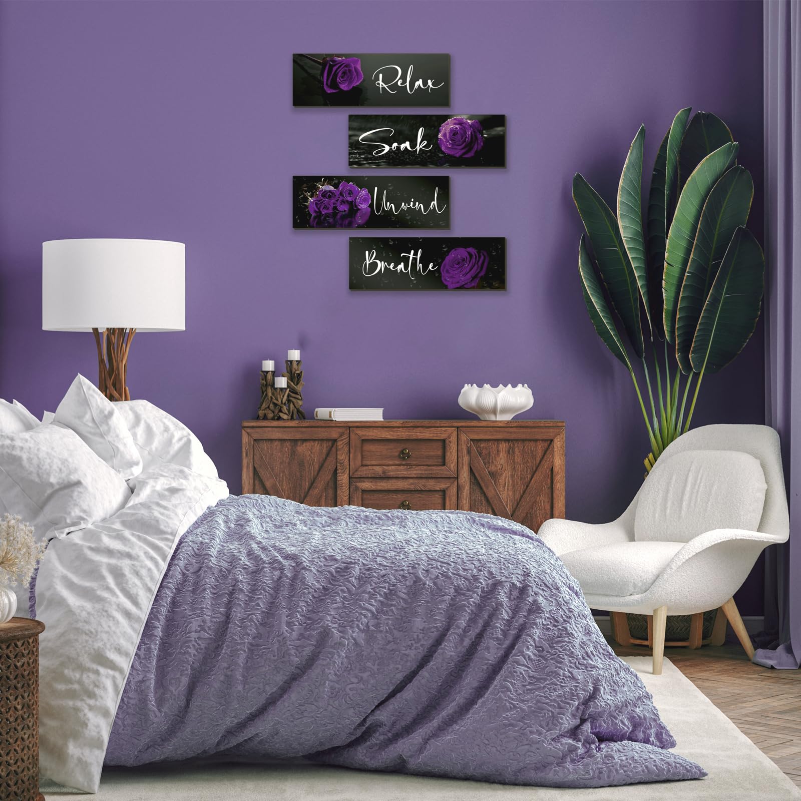 4-Piece Purple Rose Wall Art Set - Wooden Bathroom Decor with Relax Soak Unwind Breathe Signs (12x4 Inch) - Perfect for Girls Bedroom, Women's Living Room & Home Decor - Create a Spa-Like Ambiance for Relaxation & Self-Care Moments