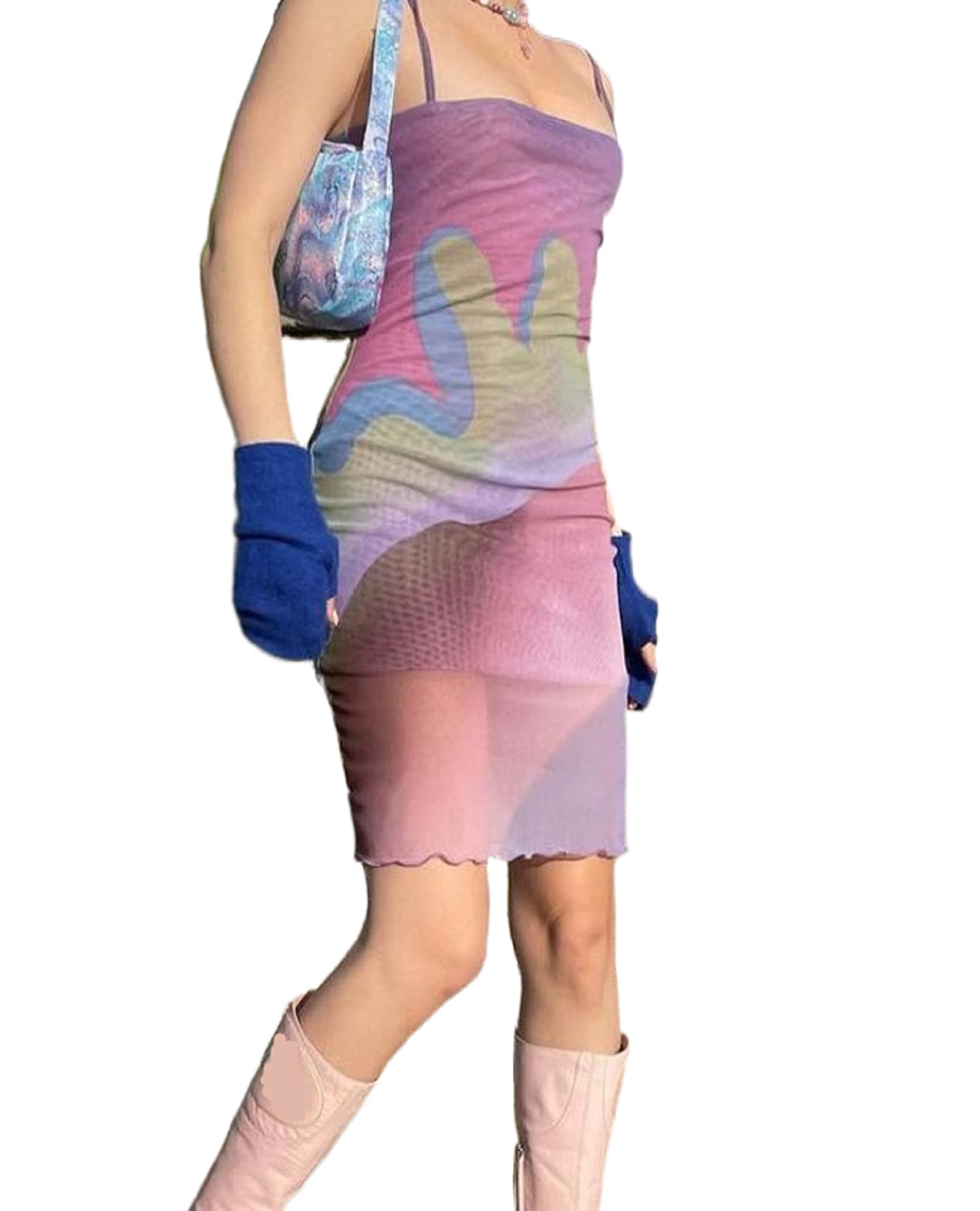 NUFIWI Tie Dye Mesh Printed Mini Dress - Spaghetti Strap Sleeveless Bodycon Y2K Summer Dress for Women | Streetwear, Beach Party, Music Festival Outfit