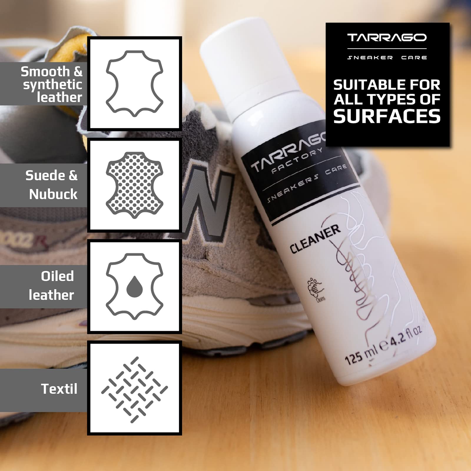 Tarrago Sneaker Care Cleaner Spray - Effective Shoe Cleaner for Suede, Leather, Nubuck, Canvas & More | 4.2 fl.oz Aluminum Bottle | Perfect for Daily Cleaning, Stain Removal & Sneaker Maintenance
