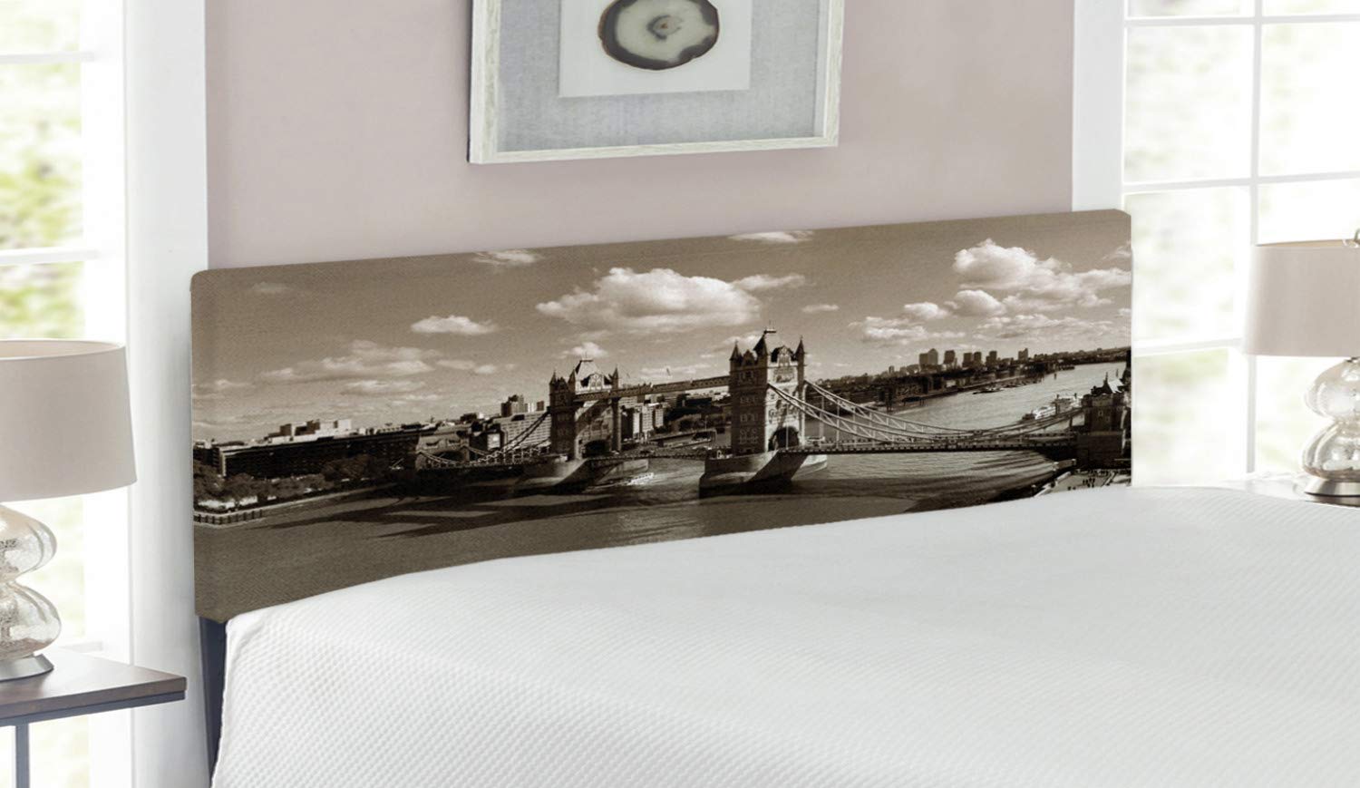 Ambesonne Queen Size Upholstered Travel Headboard - Tower Bridge London Cityscape with Memory Foam | Vintage England Decor for Bedroom, Guest Room & Airbnb | Sepia White Metal Bed Headboard