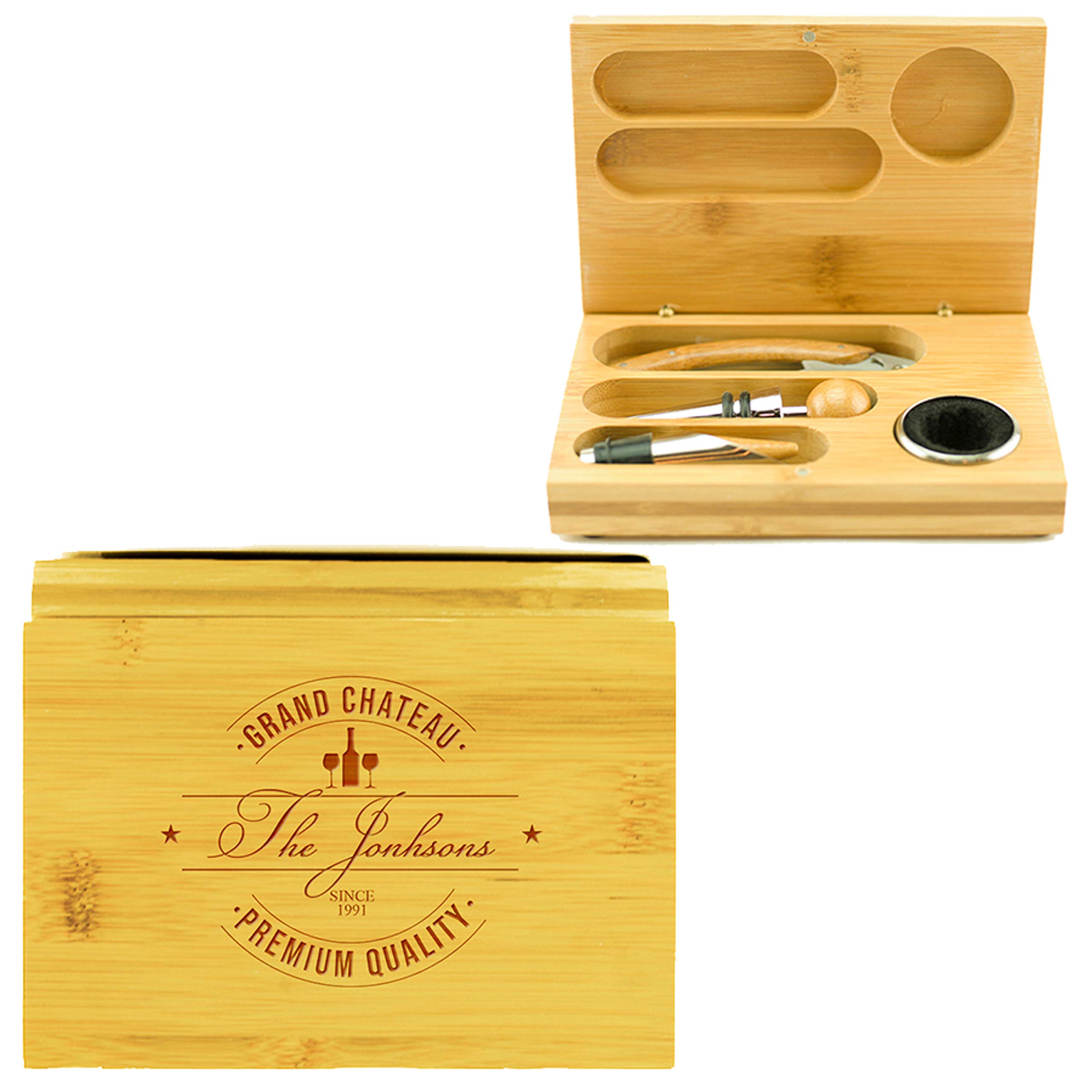 Personalized 4-Piece Wine Tool Set - Stainless Steel Corkscrew, Foil Cutter, Pourer & Stopper - Perfect for Wine Lovers, Gifts & Entertaining - Ideal for Home Bars, Parties & Wine Tasting Events