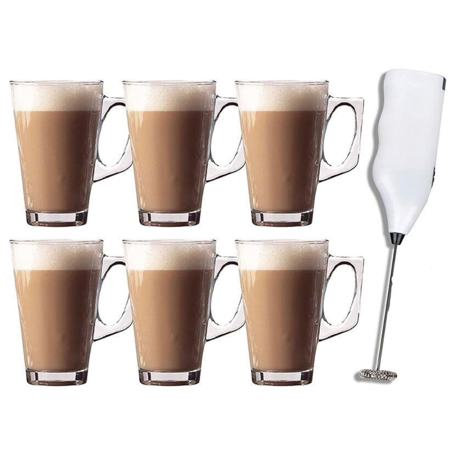 Marco Paul 6-Piece Latte Glass Set with Stirrer & Frother - 6oz Glass Coffee Mugs for Espresso, Cappuccino & Hot Drinks - Perfect for Home, Cafe & Office Use - Dishwasher Safe Coffee Cup Set