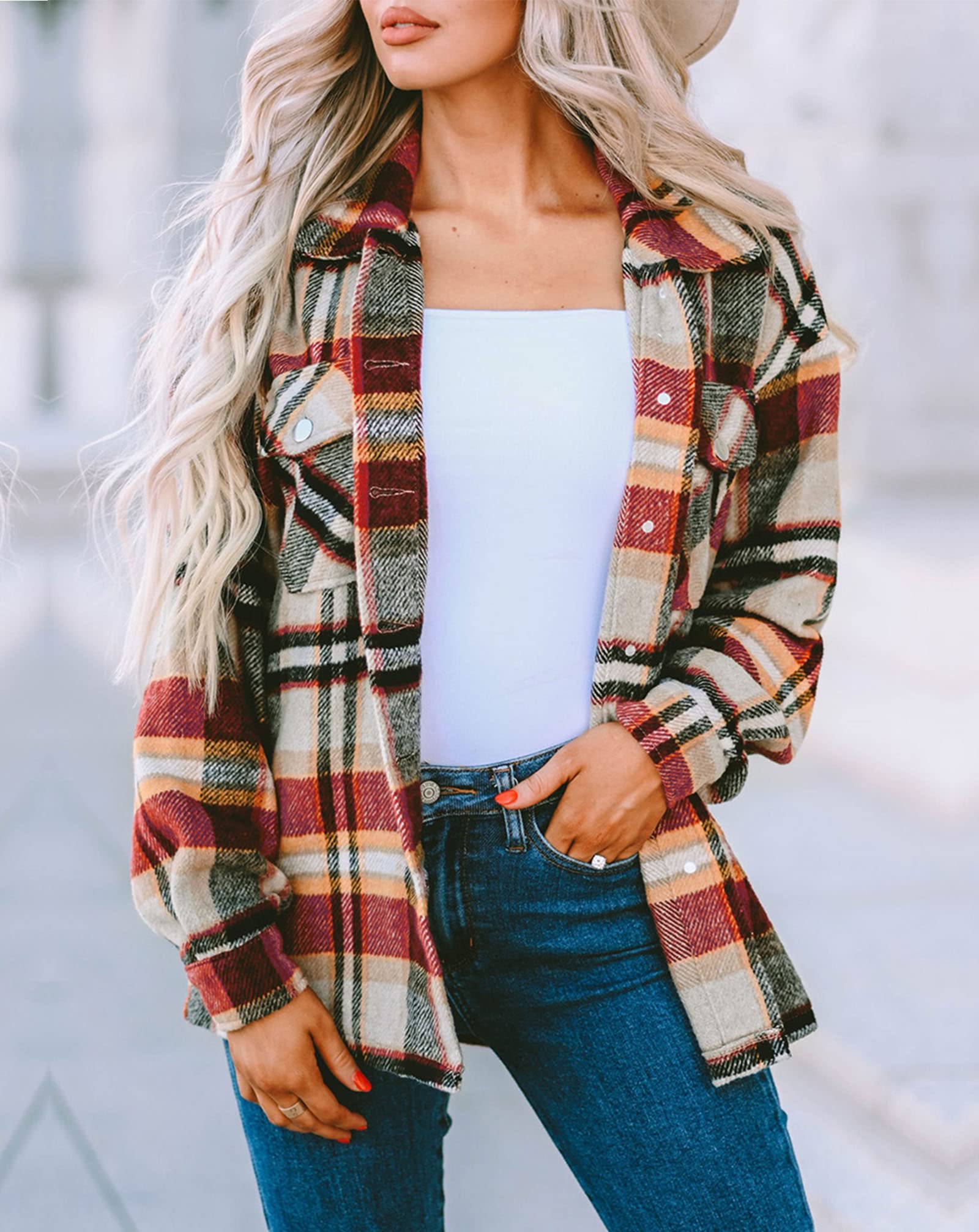 BTFBM Women's Plaid Jacket - Long Sleeve Button Down Flannel Shacket Shirt for Casual Wear, Loose Fit Blouse Top for Fall & Spring 2025 | Perfect for Outdoor Activities, Layering and Office Wear