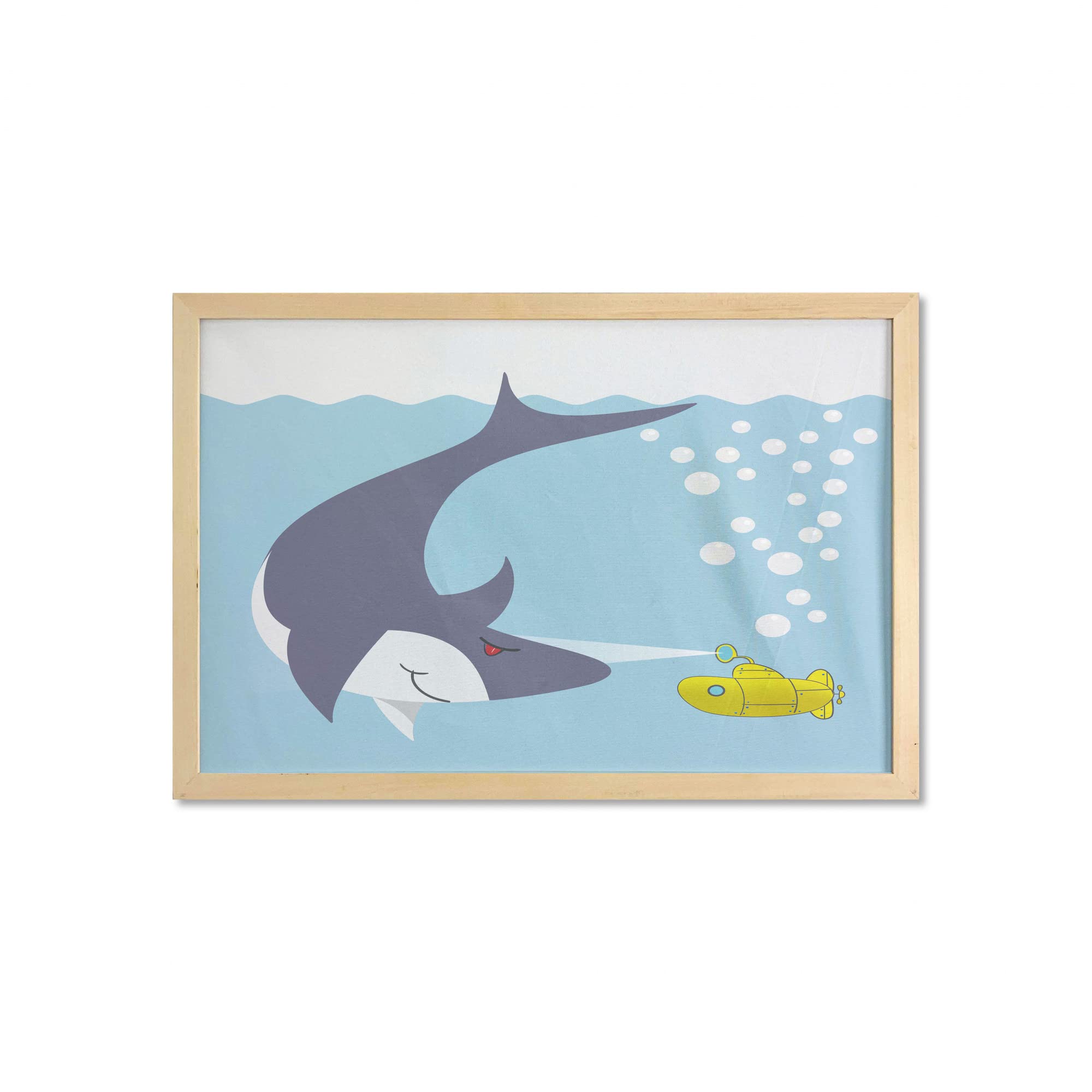 Ambesonne Yellow Submarine Framed Wall Art - Shark & Vessel in Ocean Bubbles Underwater Cartoon Theme - Blue Grey Yellow Printed Fabric Poster 35