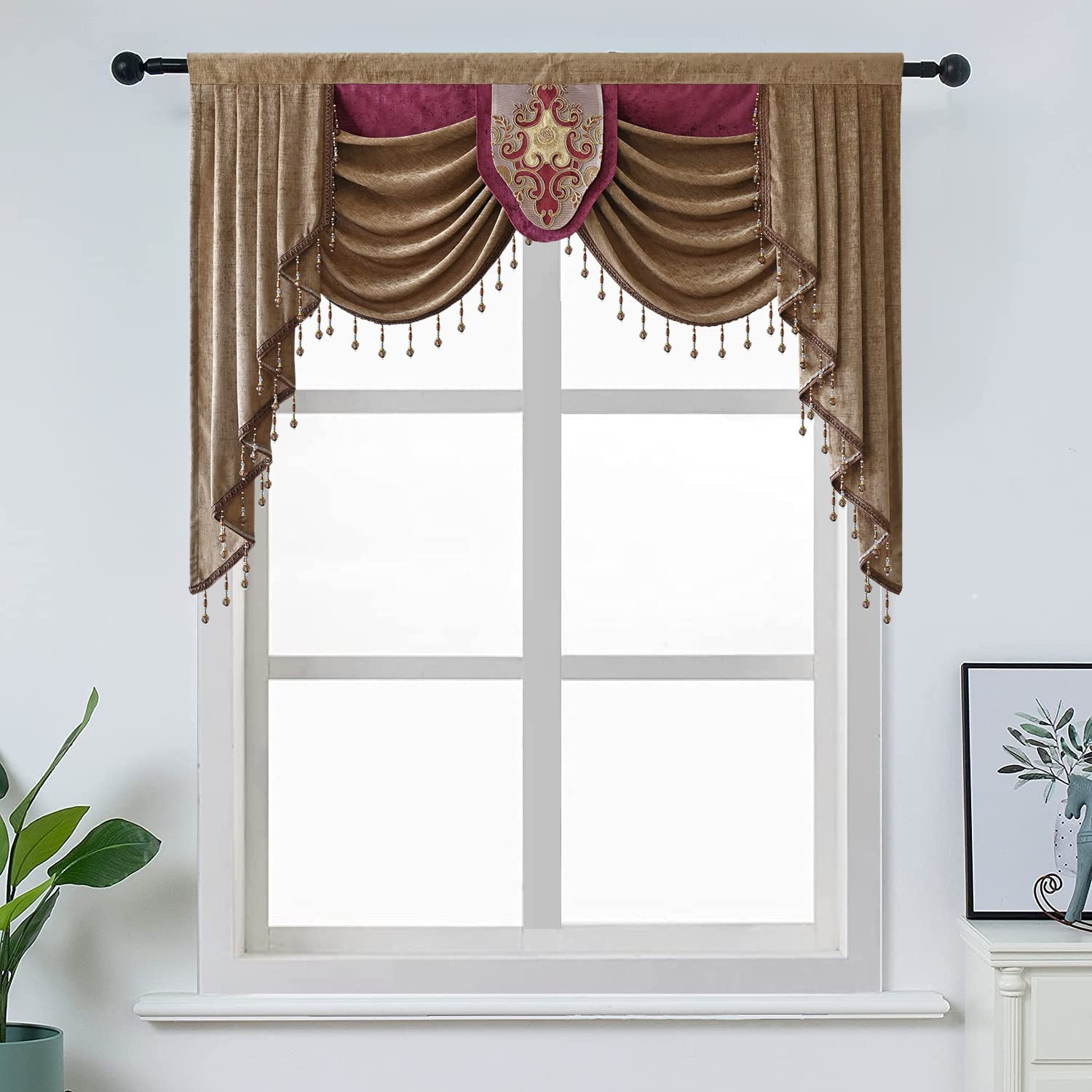 European Waterfall Valances with Beads - Chenille Curtain Valance for Living Room, 1 Panel, Elegant Window Swag for Home Decor