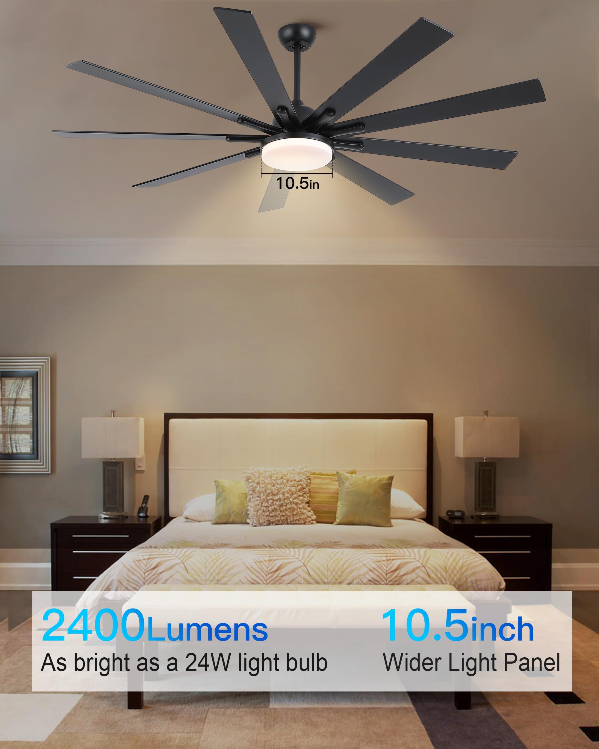 72 Inch Large Ceiling Fan with Lights and Remote Control - 9 Wooden Blades, Black - Quiet 3 CCT Dimmable LED, 6 Speed Adjustable - Perfect for Living Room, Bedroom, Patio, and Outdoor Spaces