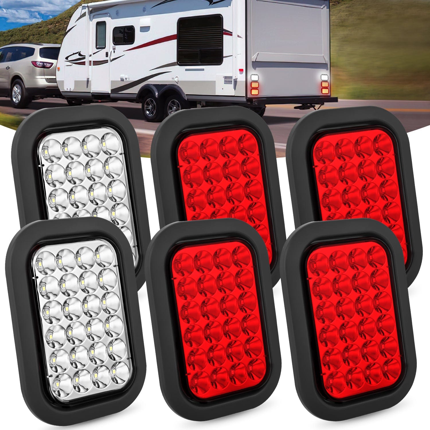 6 Pack 5x3 Inch 24 LED Red & White Rectangular Trailer Tail Lights - Waterproof, Durable Brake Lights for Trucks, Trailers, RVs & Boats - Perfect for Night Driving & Safety Signaling