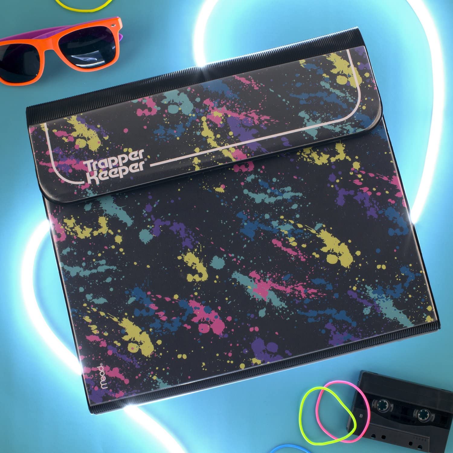 Vintage Mead Trapper Keeper 1 Inch Binder with 2 Folders & Extra Pocket - Retro Paint Splatter Design, Metal Rings & Spring Clip for Secure School Organization - Perfect for Students, Teachers & Office Supplies (260038FO-ECM)