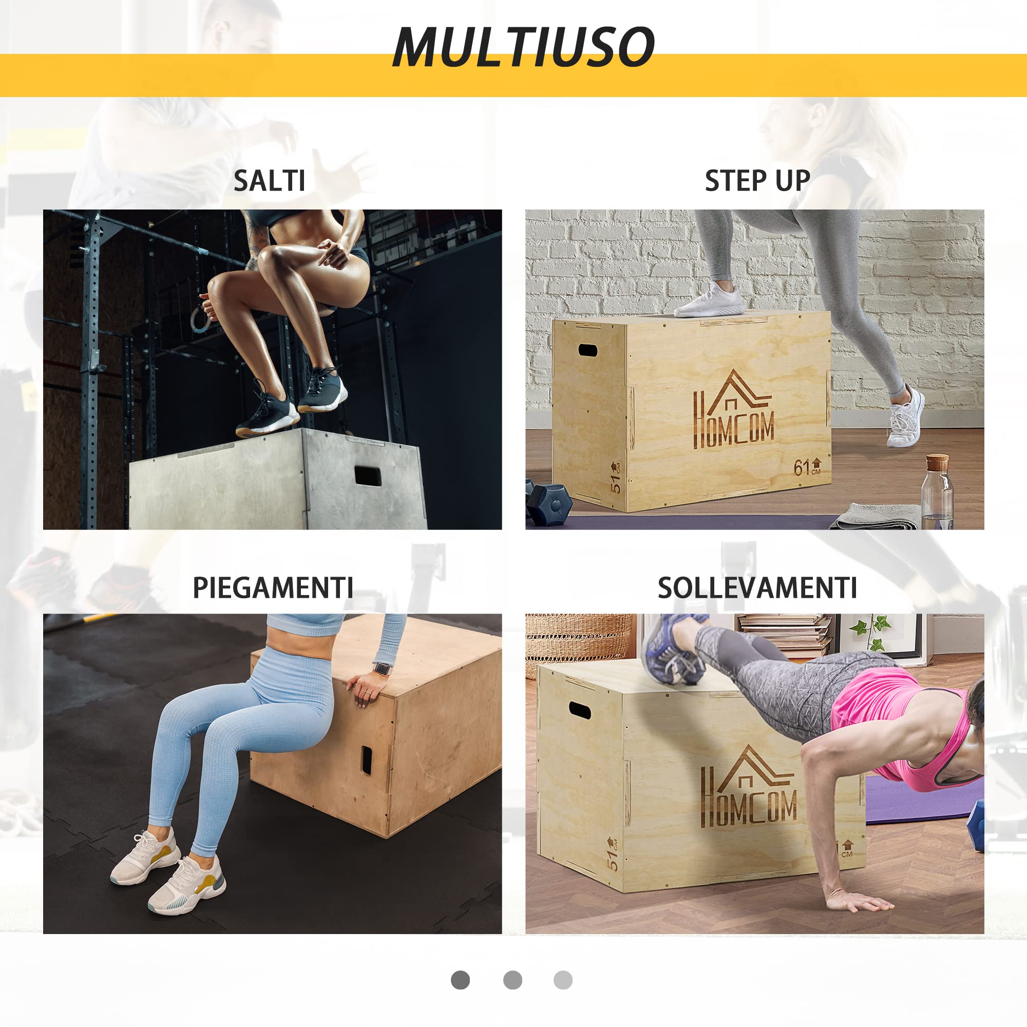 HOMCOM Adjustable 3-Height Plyo Box - Beech Wood Jump Box for Home Gym & CrossFit Training - Perfect for HIIT, Plyometrics & Strength Workouts