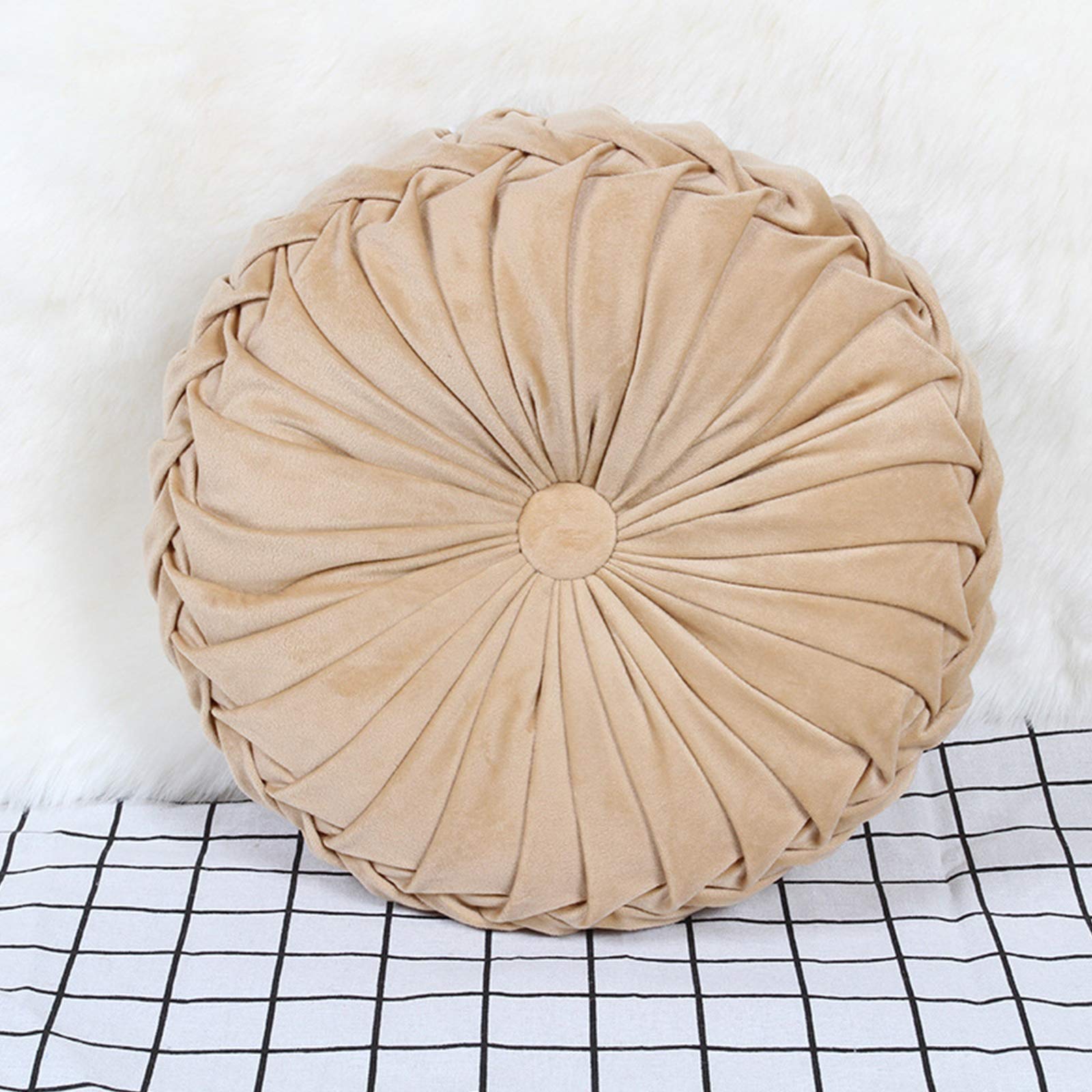 Round Velvet Throw Pillows - Solid Color Pleated Cushions for Sofa, Chair, Bed & Floor Decor (10 Colors) | Home, Office & Car Accent Pillow