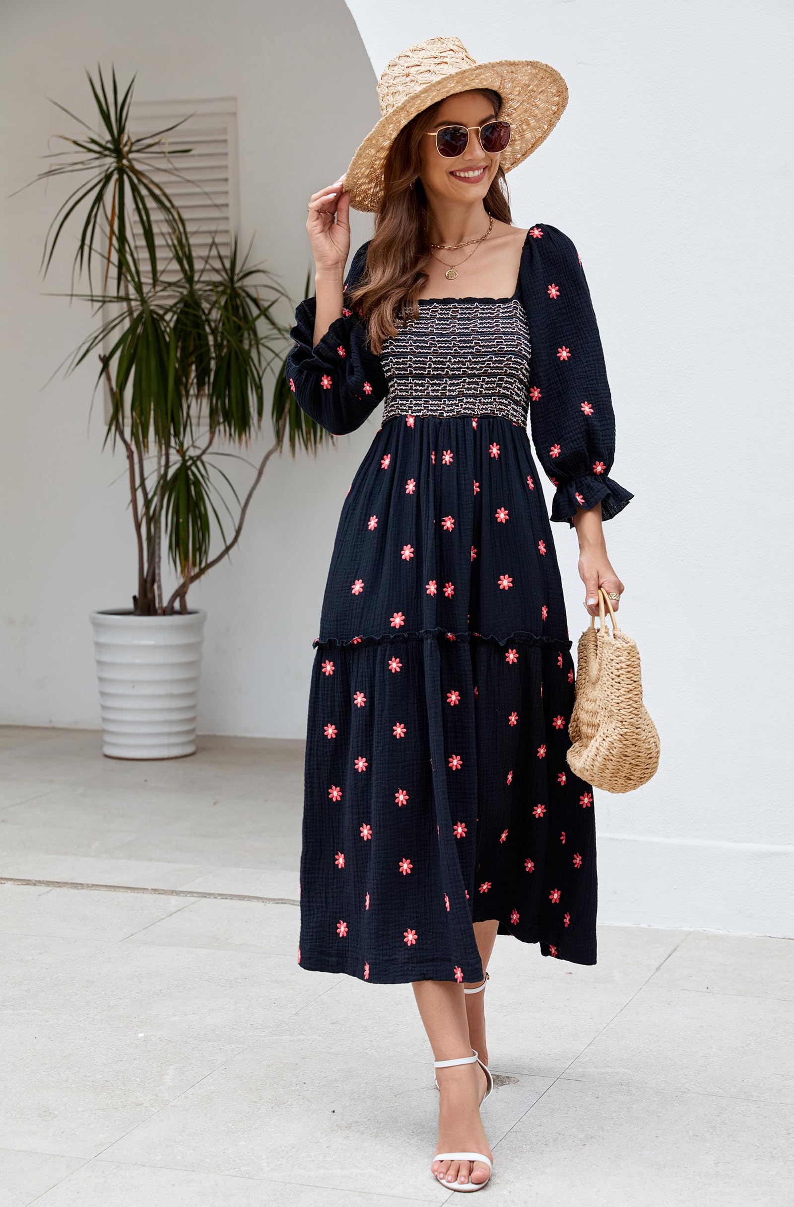 Women's Floral Embroidered Maxi Dress with Long Puff Sleeves & Square Neck - Bohemian Flowy Summer Dress with Pockets & Smocked Waist | Perfect for Beach Vacations, Date Nights & Fall Weddings