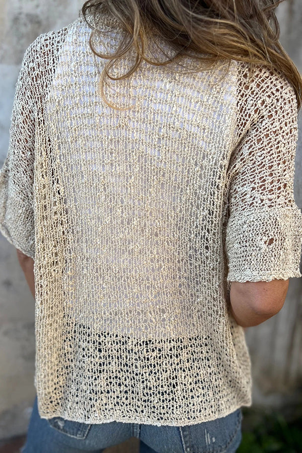 Solid Color Hollow Sleeve V-Neck Button Knitted Cardigan for Women - Lightweight Summer Cover Up for Office, Beach & Casual Outfits