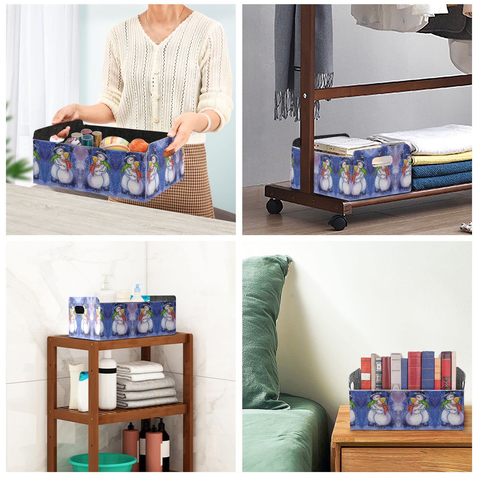 Mr. & Mrs. Snowman Watercolor Desk Organizer Tray - Blue Rectangular Felt Storage Plate for Jewelry, Vanity & Counter Organization | Foldable Detachable Valet Tray for Home, Office & Gift Giving