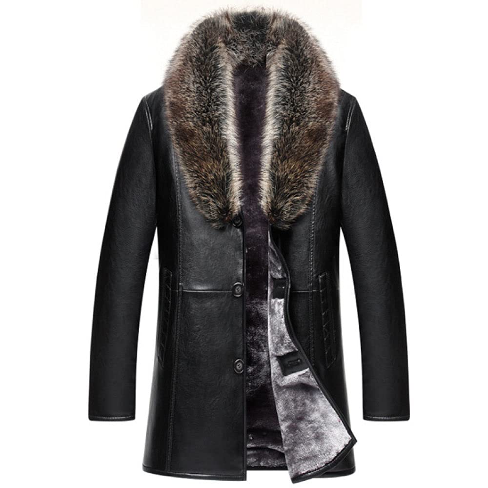 DAMAITS Men's Faux Leather Jacket with Fur Collar - Winter Windbreaker Coat for Men, Single Breasted Thicken PU Jacket for Fall & Spring, Black | Casual Outwear, Street Style, Daily Wear