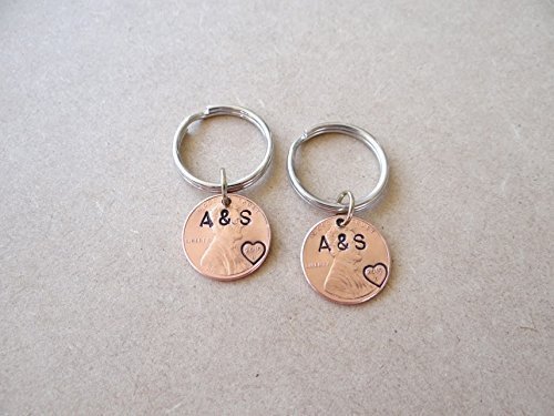 Personalized Pair of Couples Penny Anniversary Keychains with Initials - Perfect for Wedding, Anniversary, or Romantic Gift