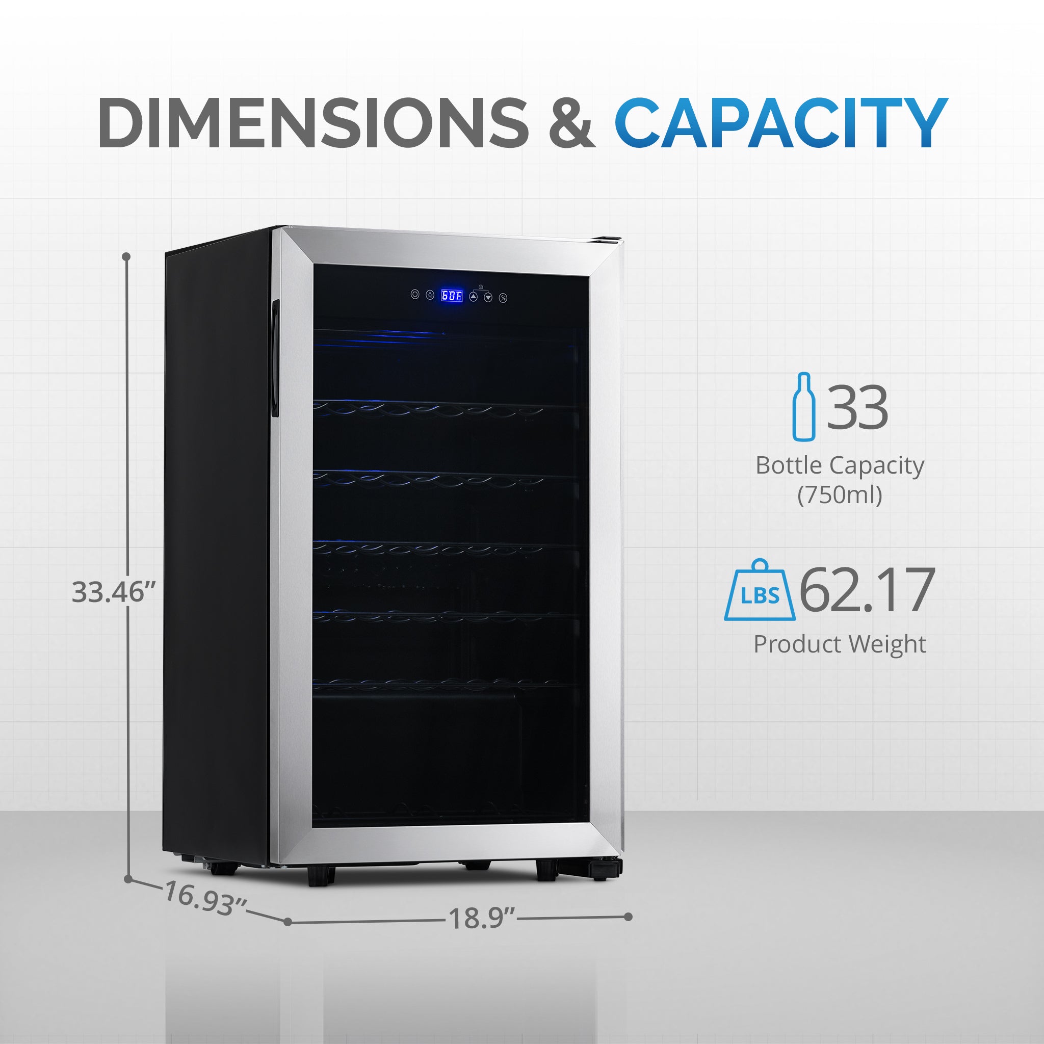 Newair® 33 Bottle 18.9 Inch Stainless Steel Freestanding Wine Cooler Refrigerator - Perfect for Home Bars, Restaurants, and Wine Cellars