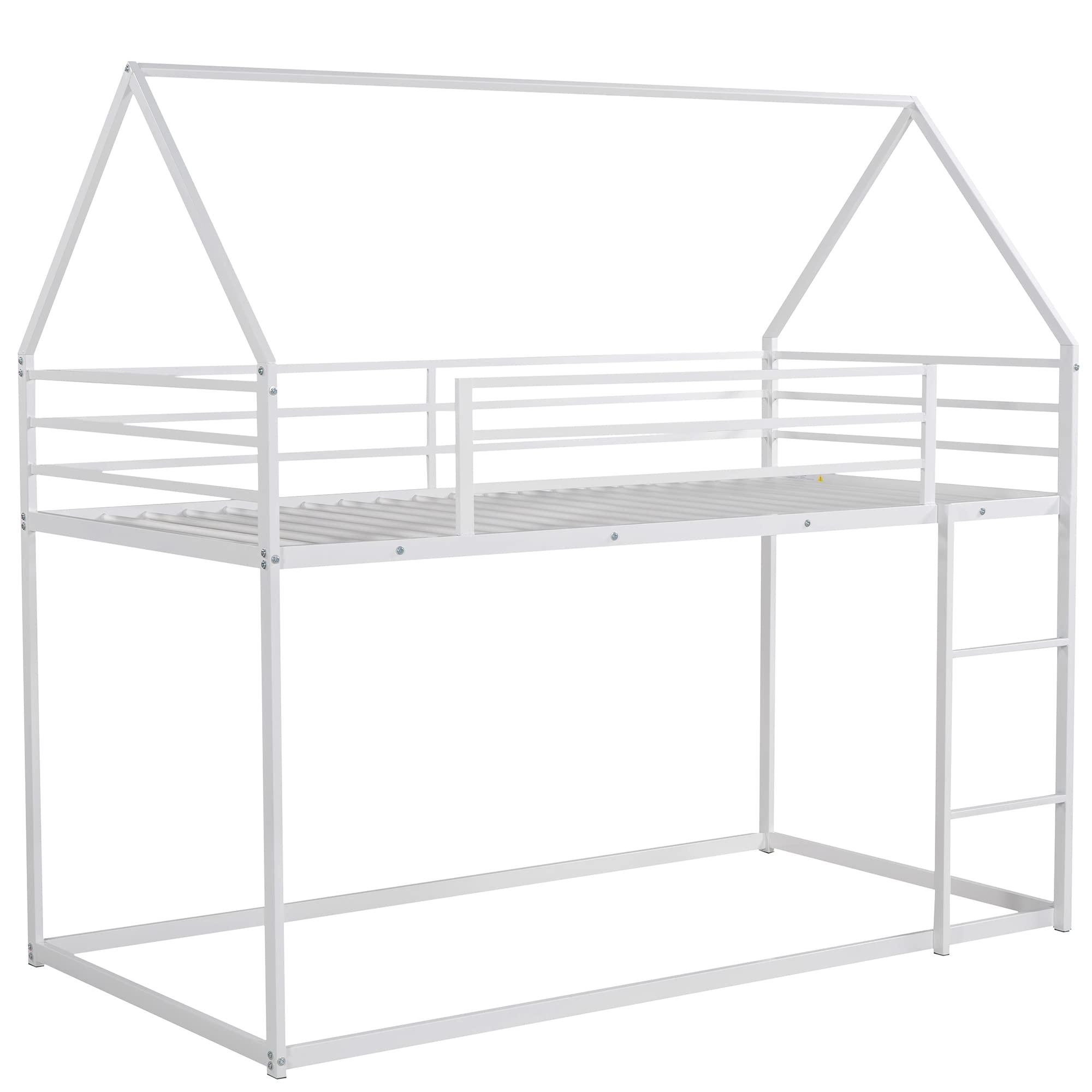 **Metal Twin Over Twin Bunk Bed with Roof - White House Bunk Beds for Kids & Toddlers - Space-Saving Floor Bed for Small Rooms, Playrooms & Sleepovers**