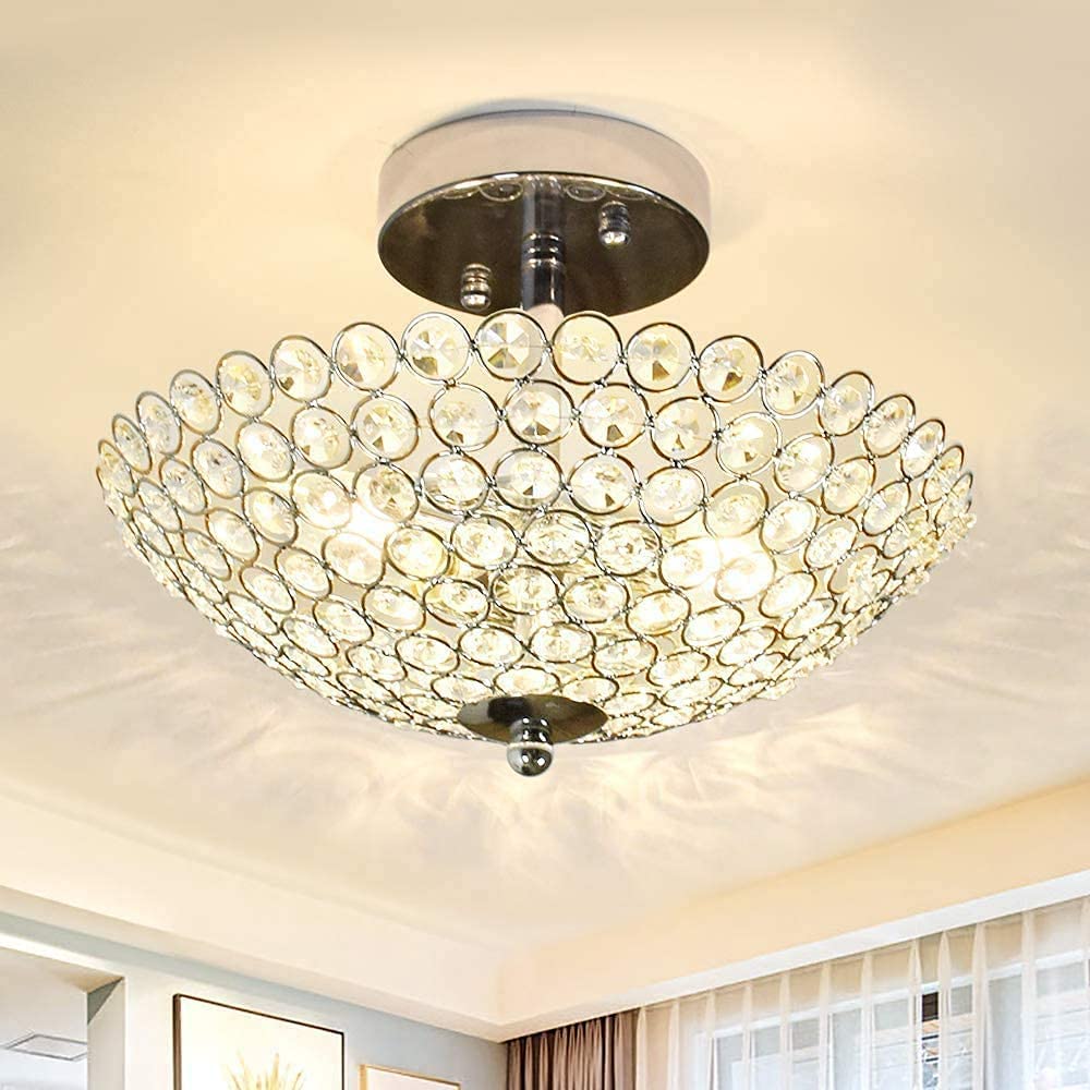 Modern Elegant Crystal Ceiling Light Fixture - 2-Light Bowl Shape Chandelier with K9 Crystal Beads, Luxurious Semi-Flush Mount Lighting for Living Room, Bedroom, Dining Room - Perfect for Home Decor and Ambient Lighting