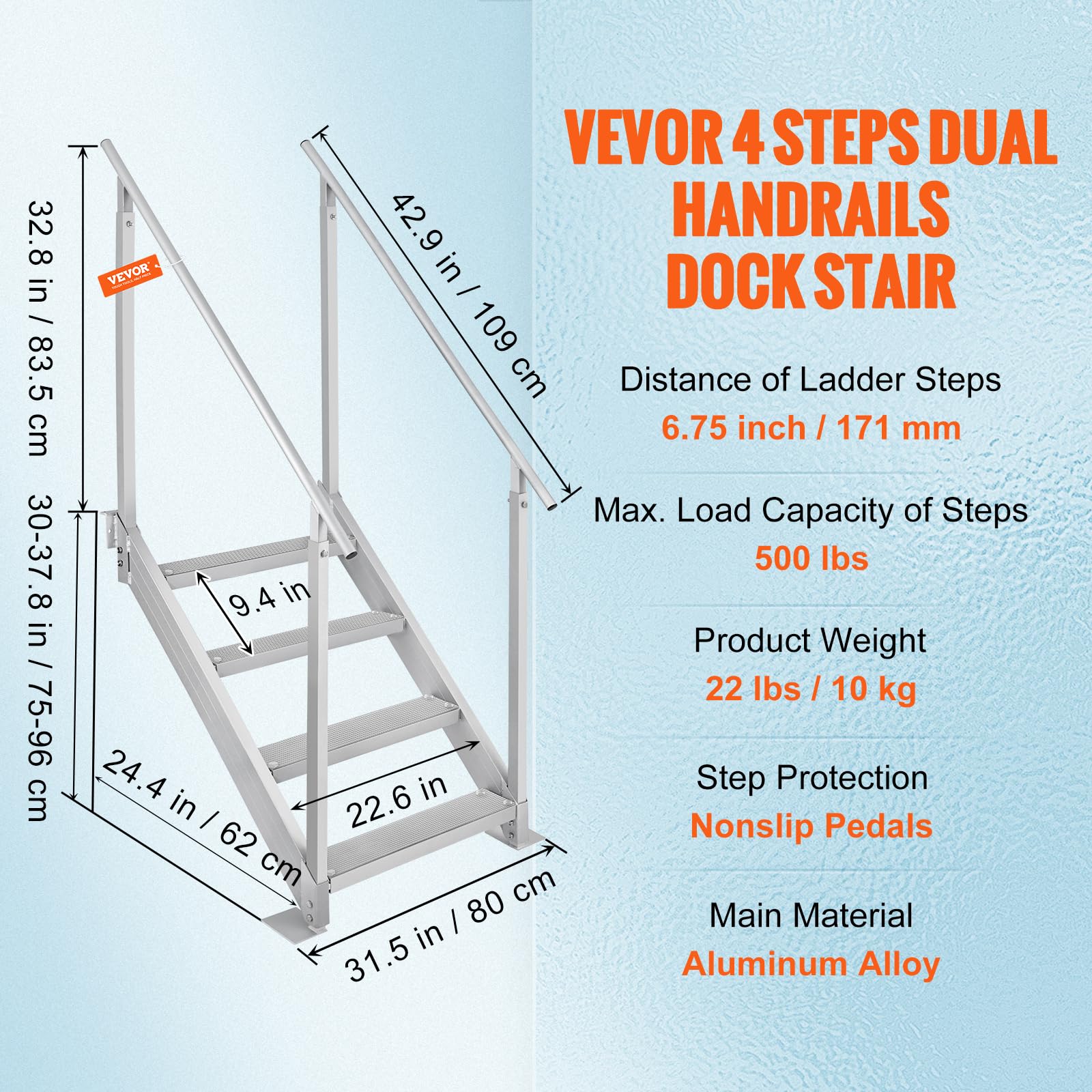 VEVOR 4-Step Aluminum Dock Ladder with Handrails - 500lb Capacity Adjustable Boat Steps for Pool, Lake & Marine Use - Wide Non-Slip Pedals for Pontoon, RV & Home Boarding - Perfect for Swimming, Fishing & Water Sports Access
